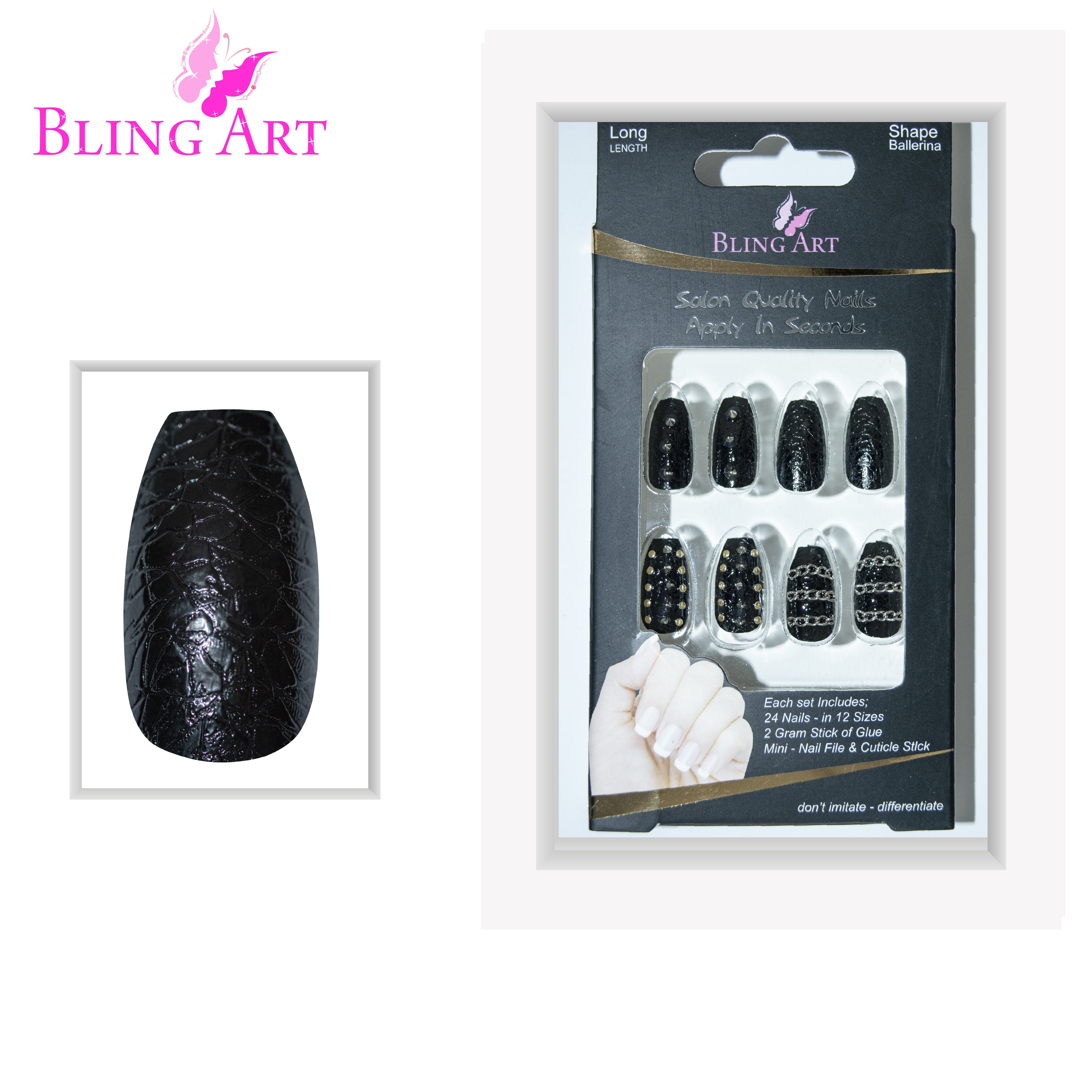 Black Punk ballerina coffin Bling Art press-on nails — full-hand reveal showing all 24 nails for gigs, festivals and Halloween.