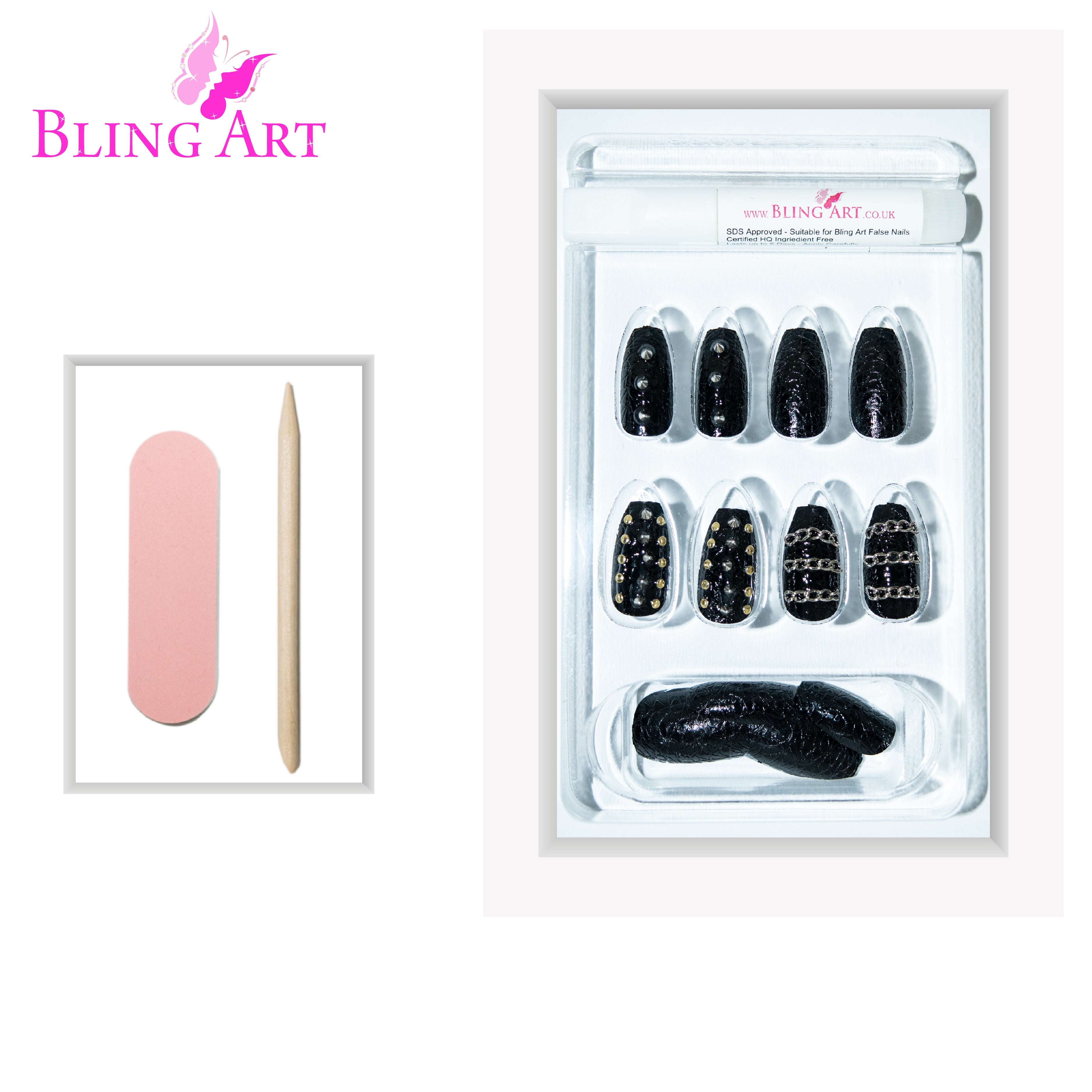 Black Punk ballerina coffin Bling Art press-on nails — lifestyle context shot showing the fierce edgy punk-style statement.