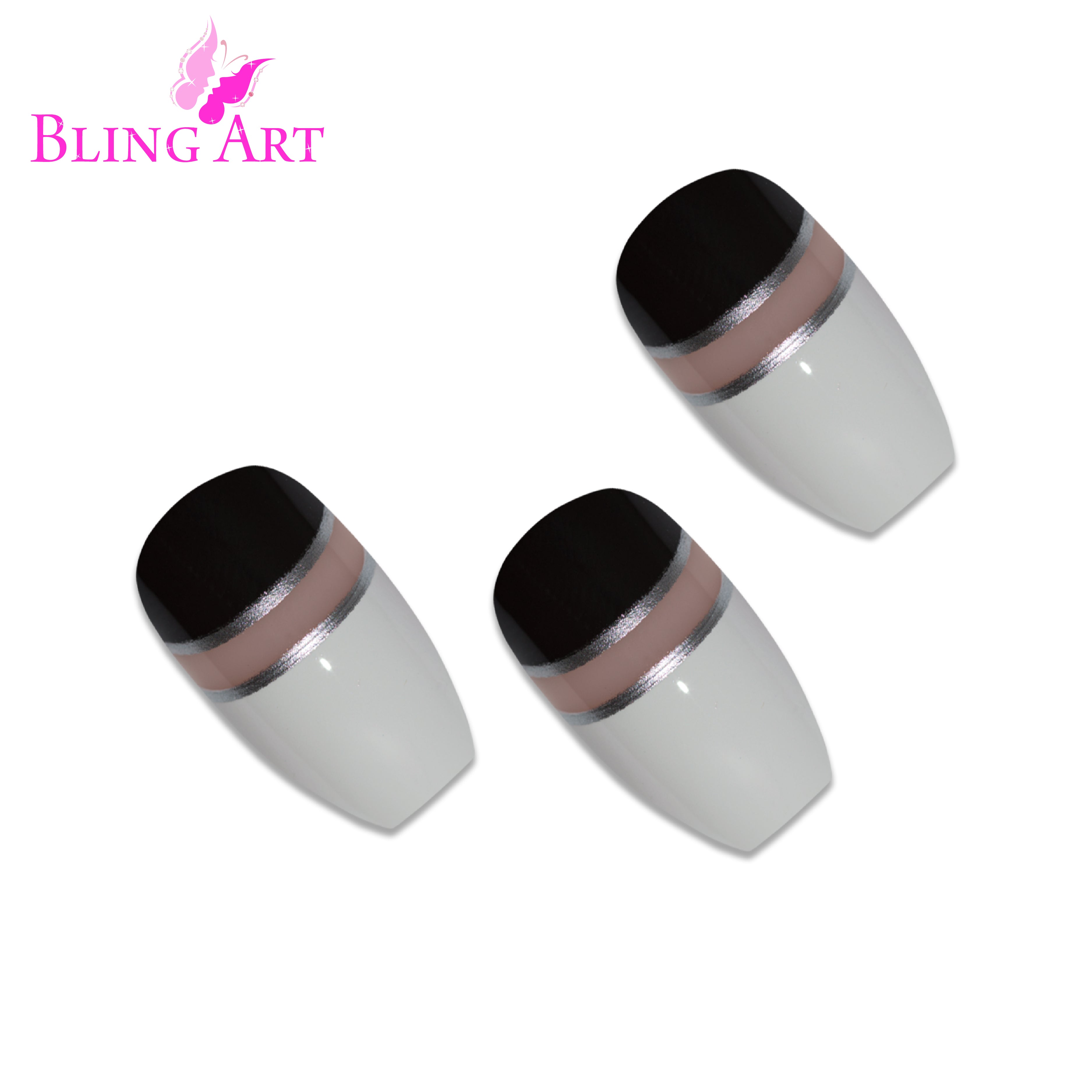 Black White glossy ballerina coffin Bling Art press-on nails — worn-hand close-up showing the two-tone black-and-white high-shine on long ballerina coffin tips.