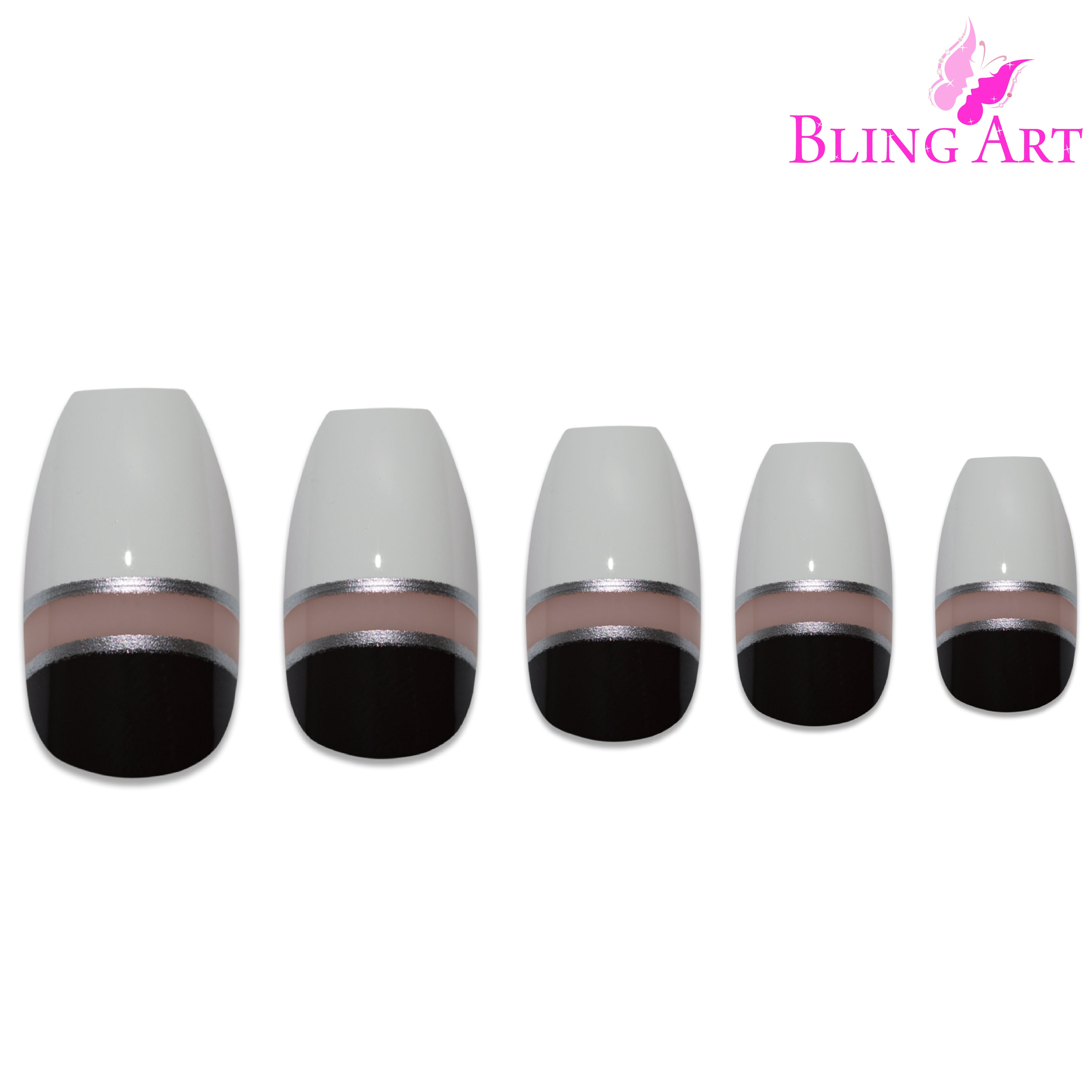 Black White glossy ballerina coffin Bling Art press-on nails — alternative angle revealing the two-tone bond line on the long ballerina coffin shape.
