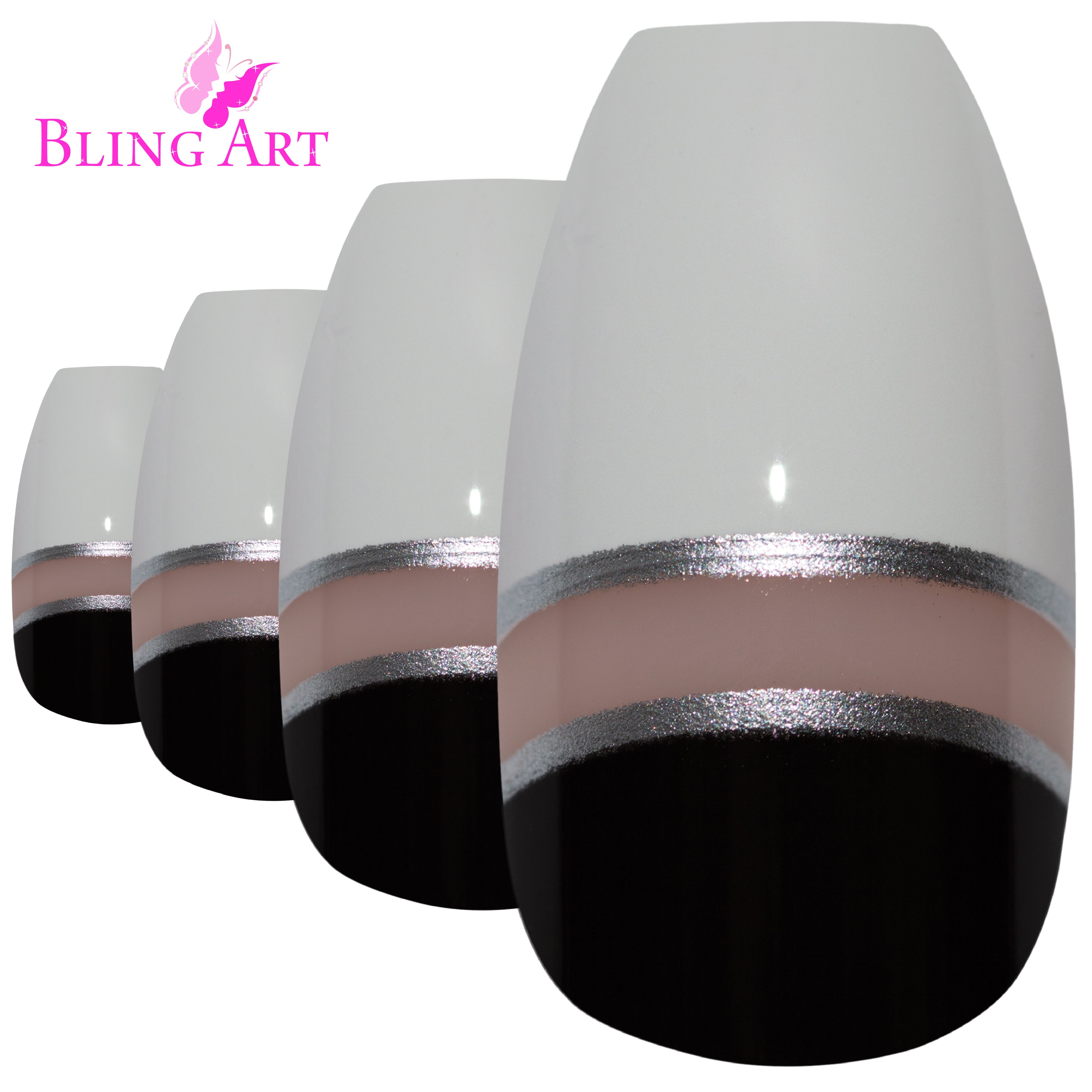 Bling Art Black White glossy ballerina coffin press-on nail set packaging — 24 nails, 12 sizes XS-XXL, file and cuticle stick included. Glue not included.
