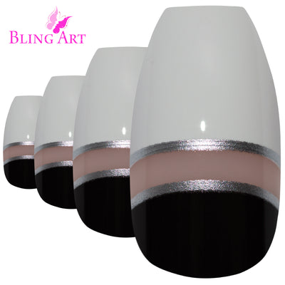 Black White glossy ballerina coffin long press-on false nails by Bling Art — two-tone jet-black and pearl-white high-shine for parties, editorial events and trend-led looks. 24 nails, 12 sizes XS-XXL, no UV lamp. Designed in Yorkshire UK. Ballerina = Coffin (same shape).