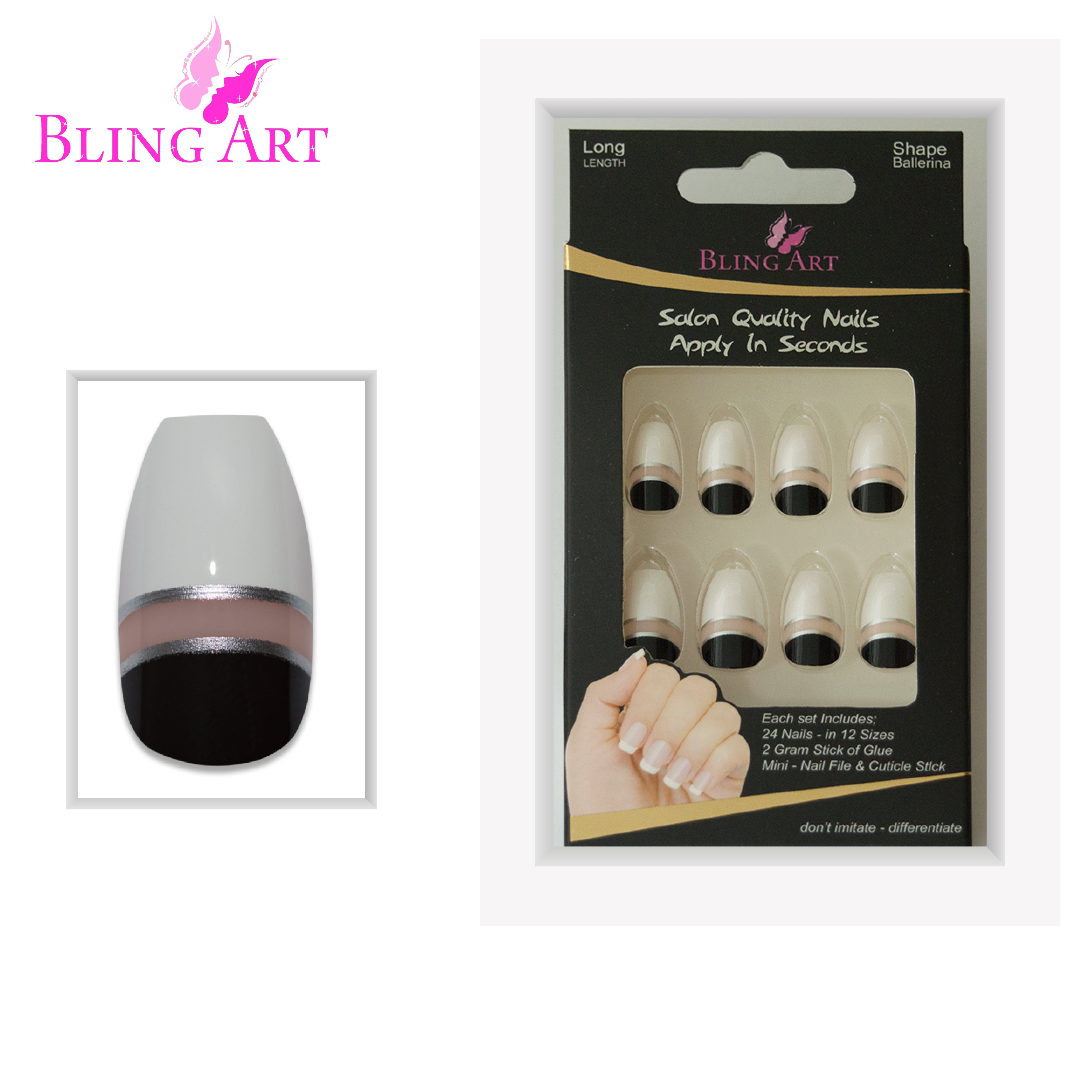 Black White glossy ballerina coffin Bling Art press-on nails — full-hand reveal showing all 24 nails for parties and editorial events.