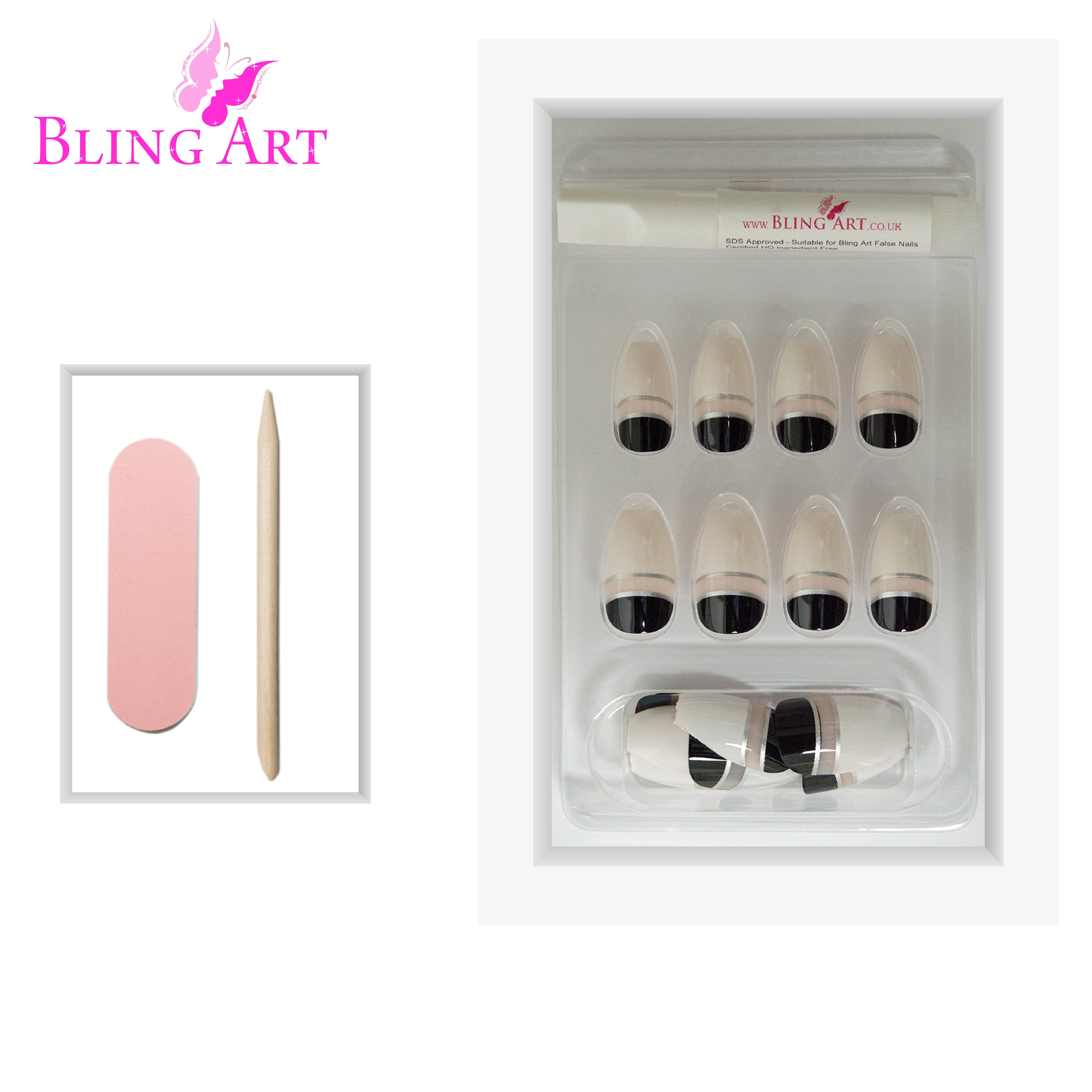 Black White glossy ballerina coffin Bling Art press-on nails — lifestyle context shot showing the bold contrast two-tone statement.