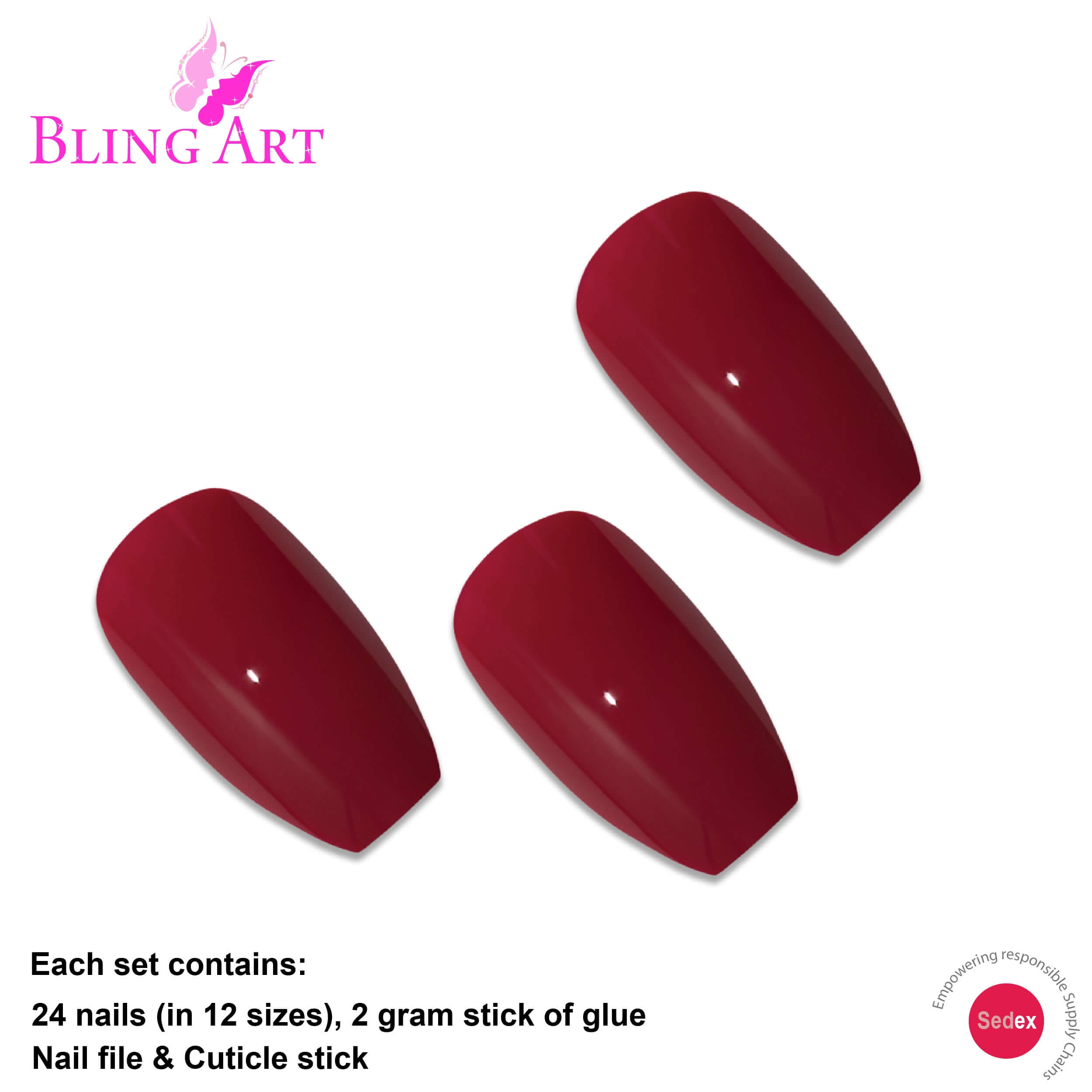 False Nails Bling Art Red Polished Ballerina Coffin Long Fake Acrylic Tips & Glue