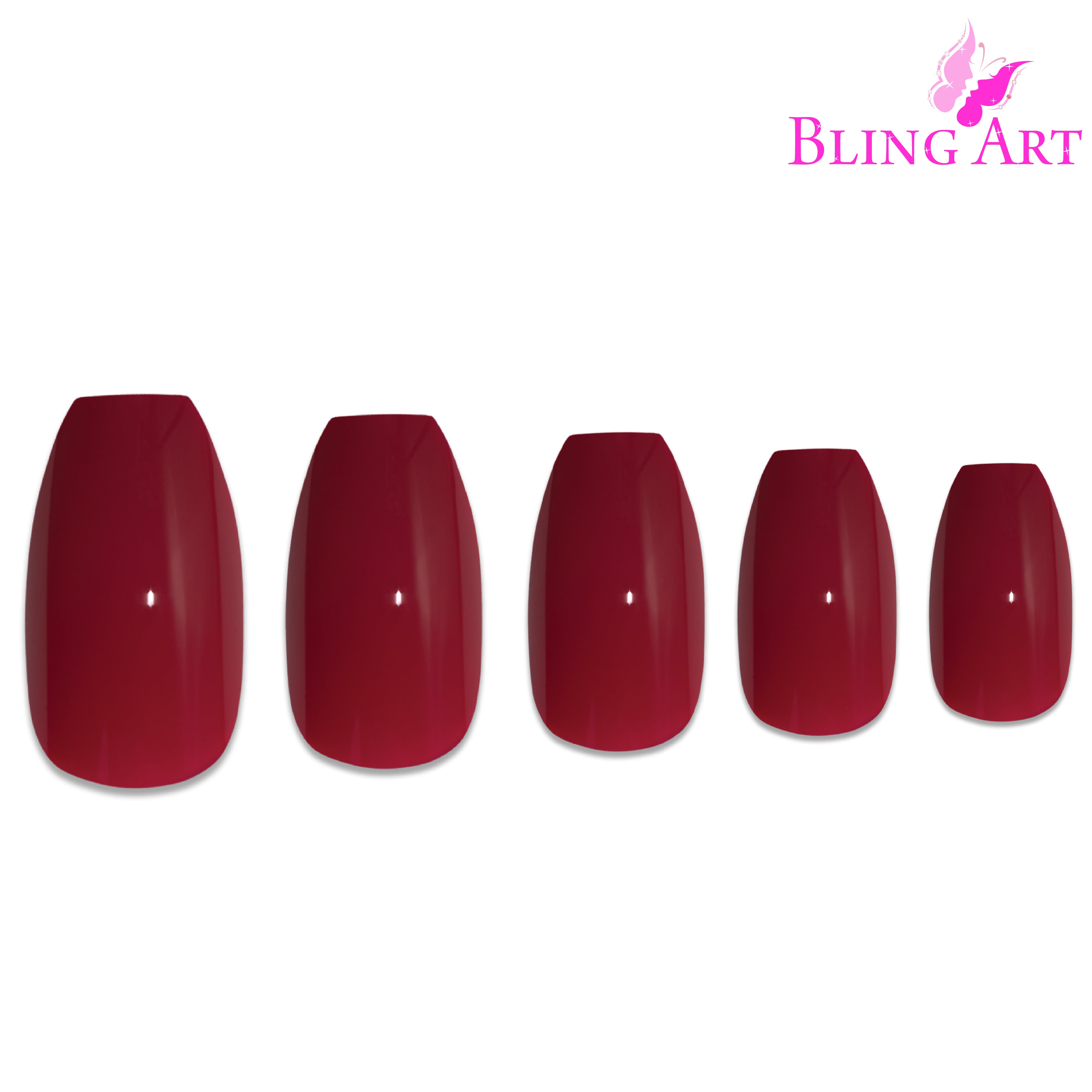 Red polished ballerina coffin Bling Art press-on nails — full-hand reveal showing all 24 nails for date nights and Valentine's.