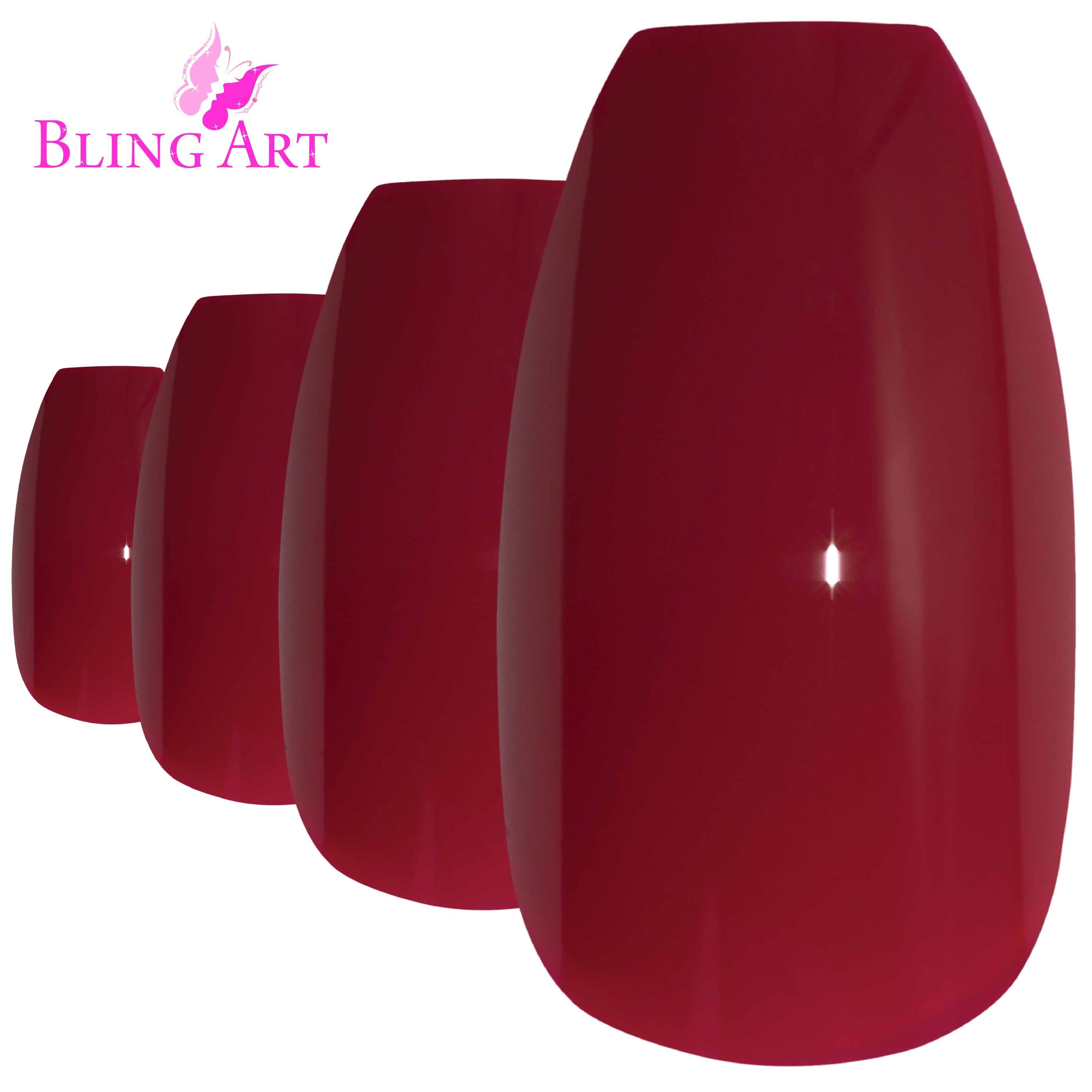 Red polished ballerina coffin Bling Art press-on nails — alternative angle revealing the bond line on the long ballerina coffin shape.
