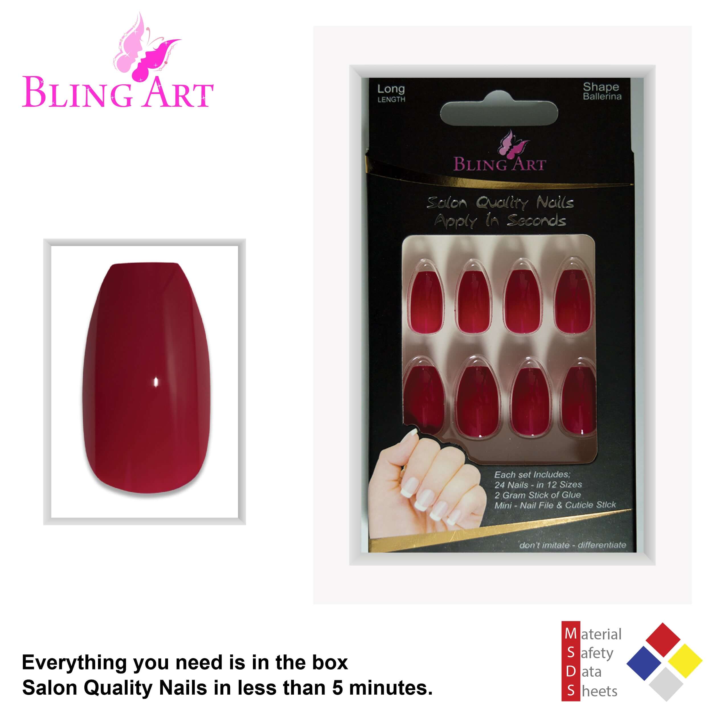False Nails Bling Art Red Polished Ballerina Coffin Long Fake Acrylic Tips & Glue