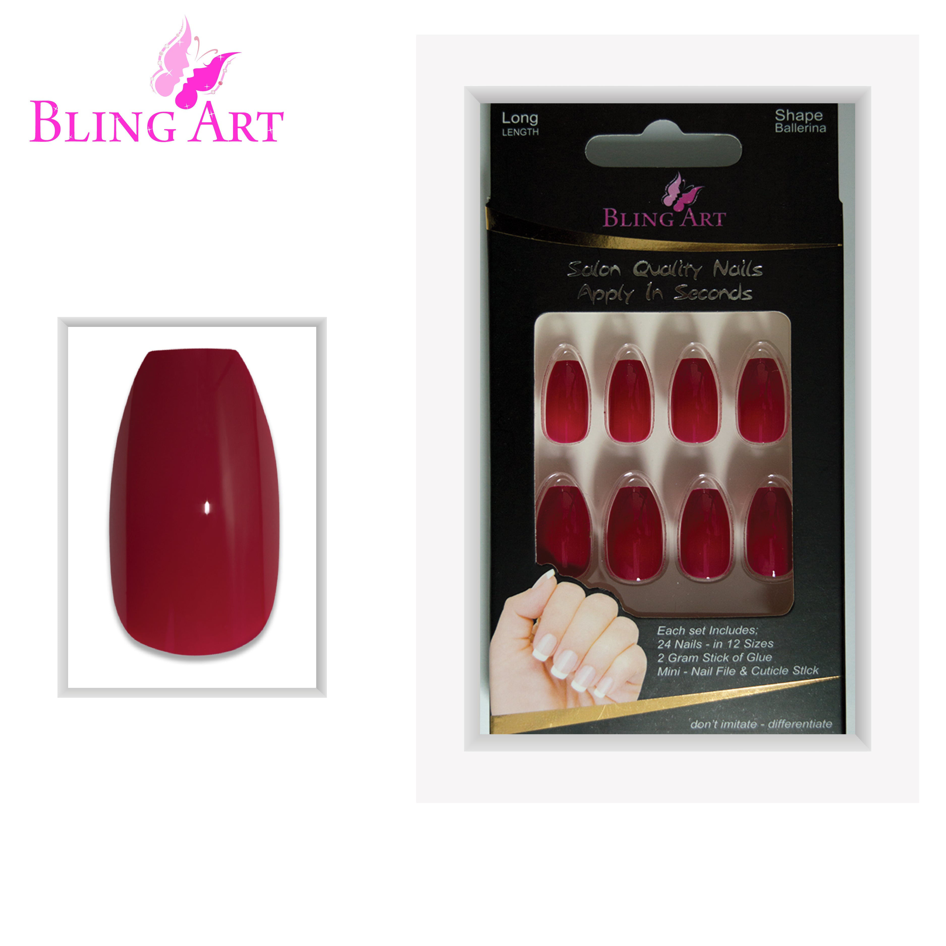 Red polished ballerina coffin Bling Art press-on nails — lifestyle context shot showing the bold crimson high-shine finish.
