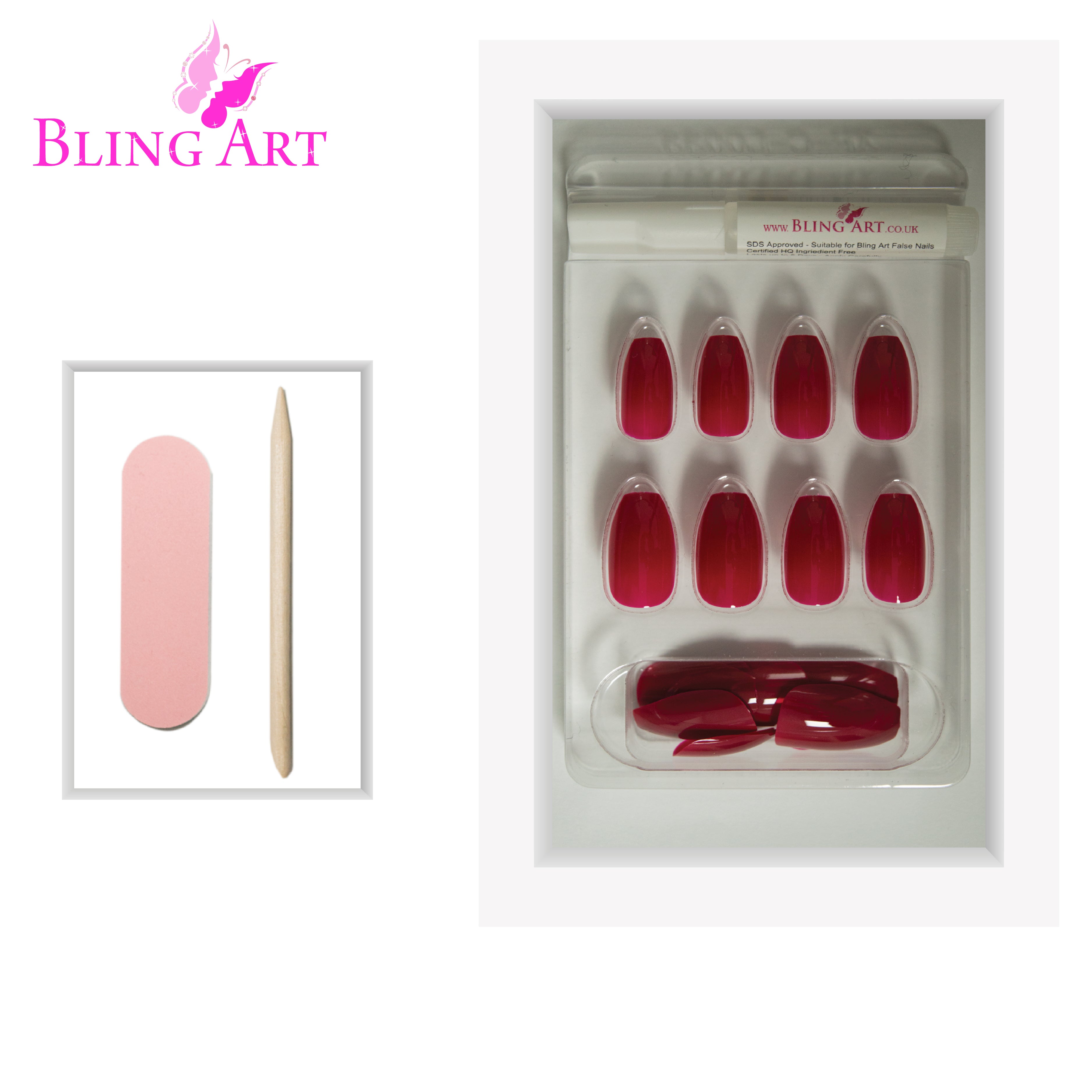 Bling Art Red polished ballerina coffin press-on nail set packaging — 24 nails, 12 sizes XS-XXL, file and cuticle stick included. Glue not included.