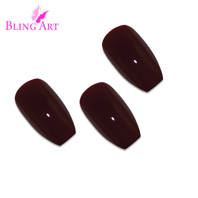 Warm chestnut red-brown high-polish ballerina long press-on false nails by Bling Art — autumnal elegance for everyday wear and seasonal styling · high-shine polished finish · long ballerina tips · 24 nails per set with adhesive · designed in Yorkshire