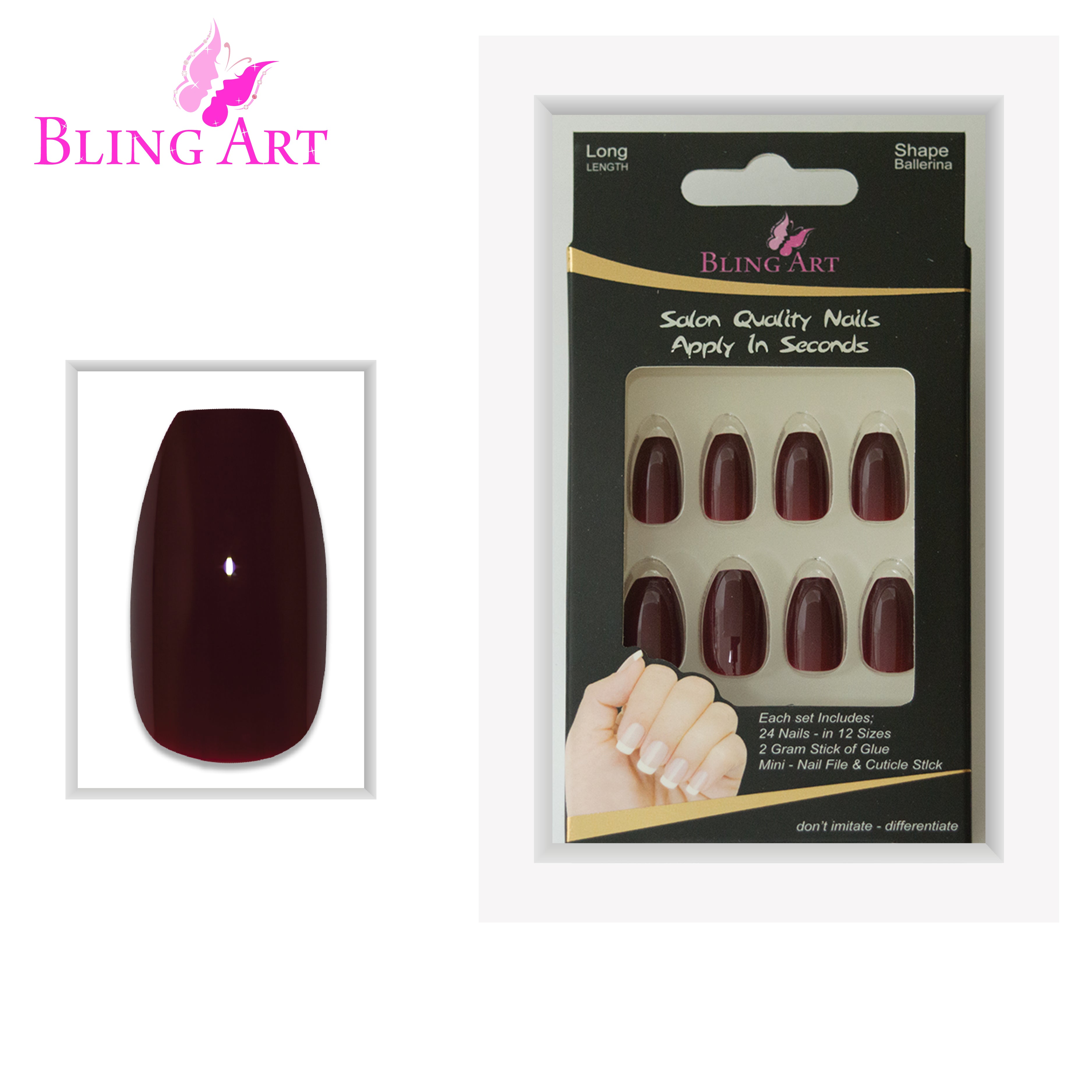 False Nails by Bling Art Red Brown Polished Ballerina Long Medium Fake Tips