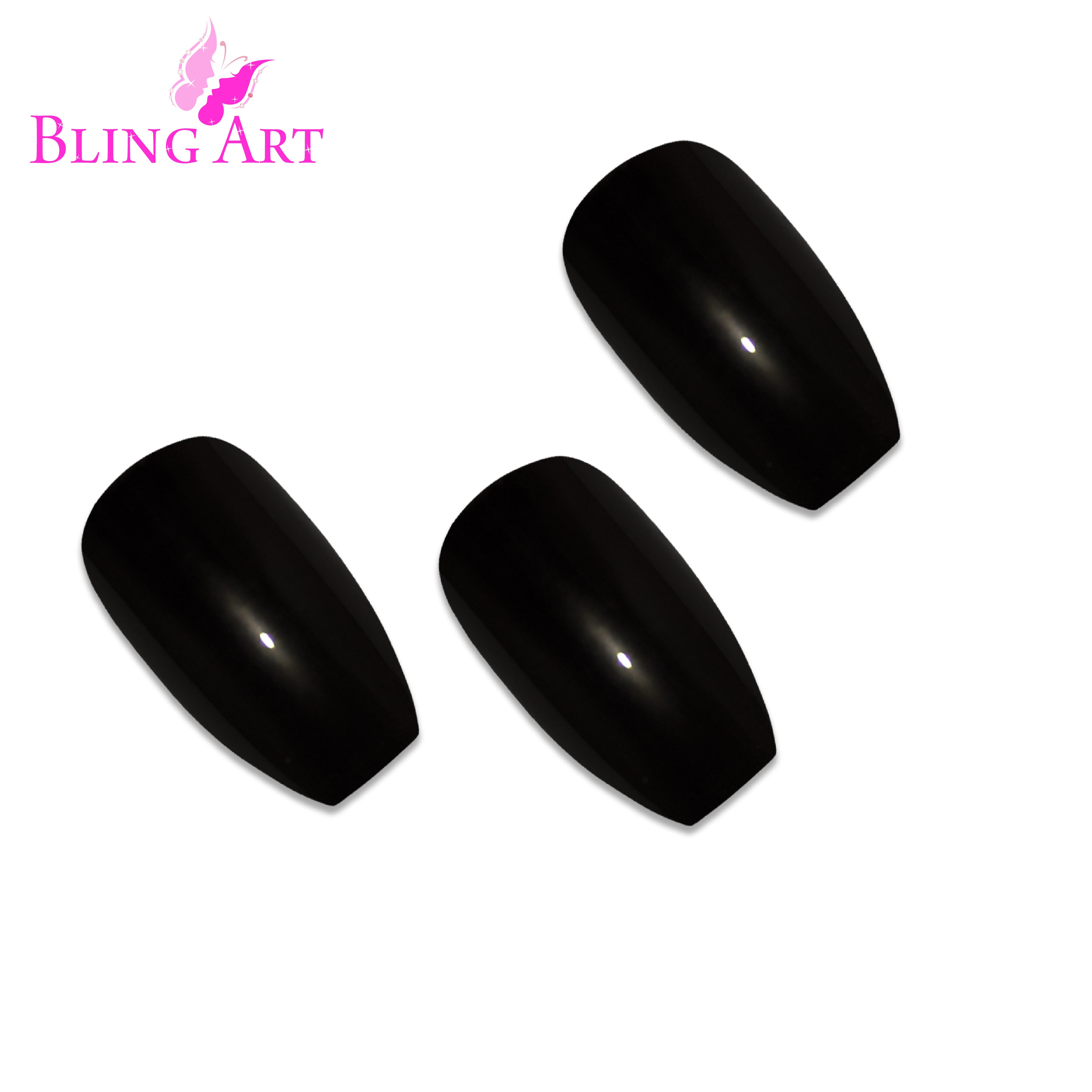 Black polished ballerina coffin Bling Art press-on nails — alternative angle revealing the bond line on the long ballerina coffin shape.