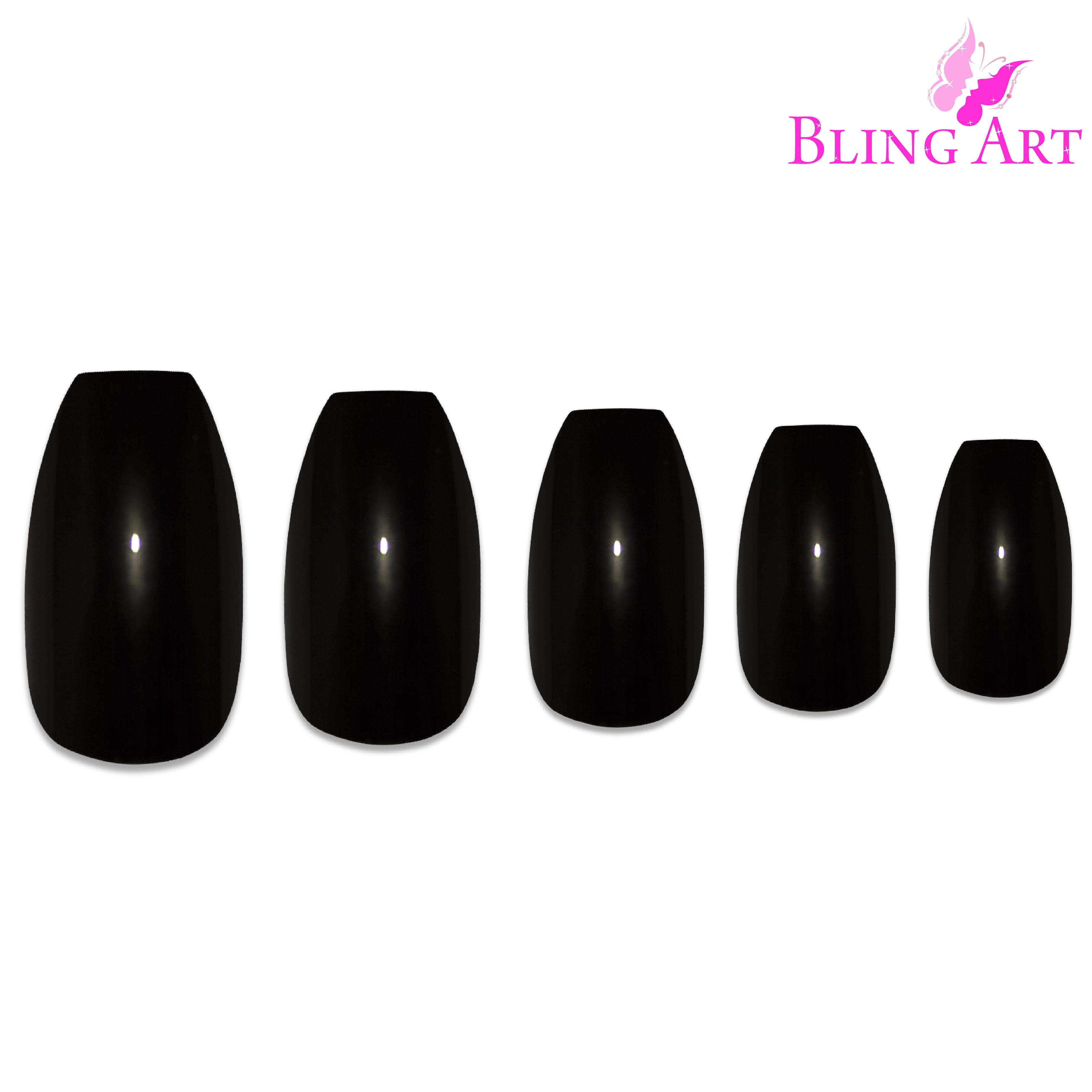 Black polished ballerina coffin Bling Art press-on nails — full-hand reveal showing all 24 nails for evening wear and editorial styling.