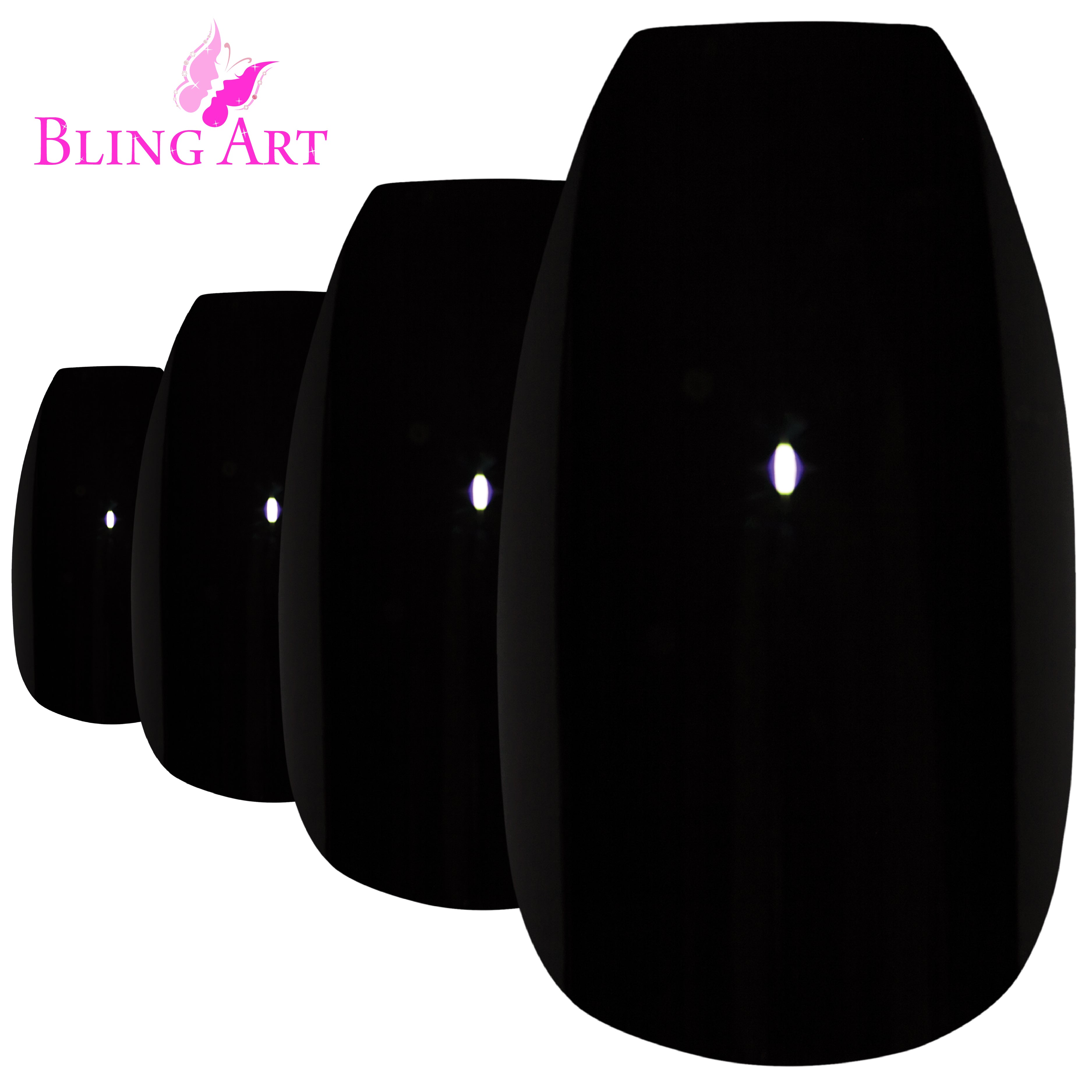 Black polished ballerina coffin Bling Art press-on nails — worn-hand close-up showing the jet-black high-shine on long ballerina coffin tips. Ballerina = Coffin (same shape).