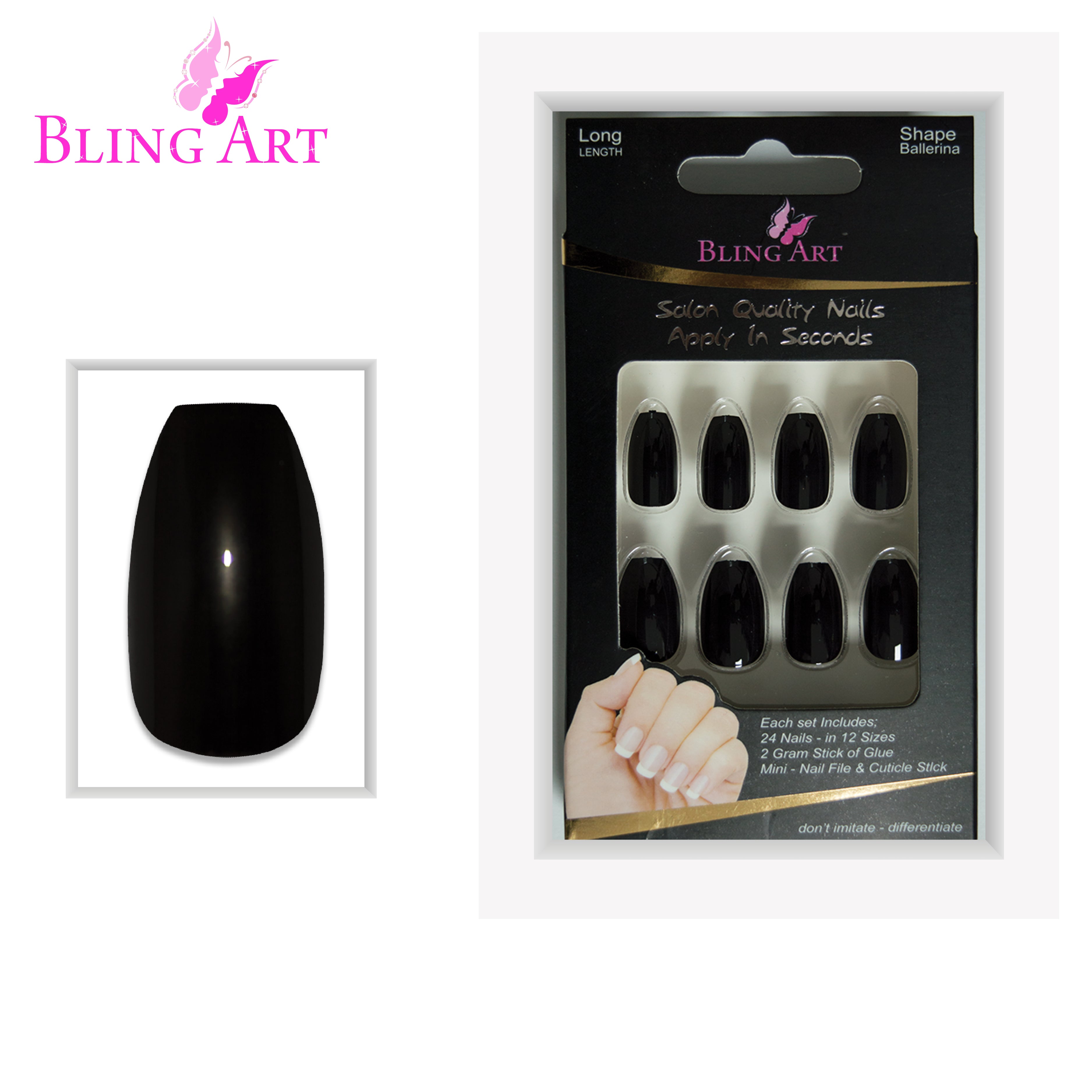 Black polished ballerina coffin Bling Art press-on nails — lifestyle context shot showing the sleek jet-black high-shine finish.