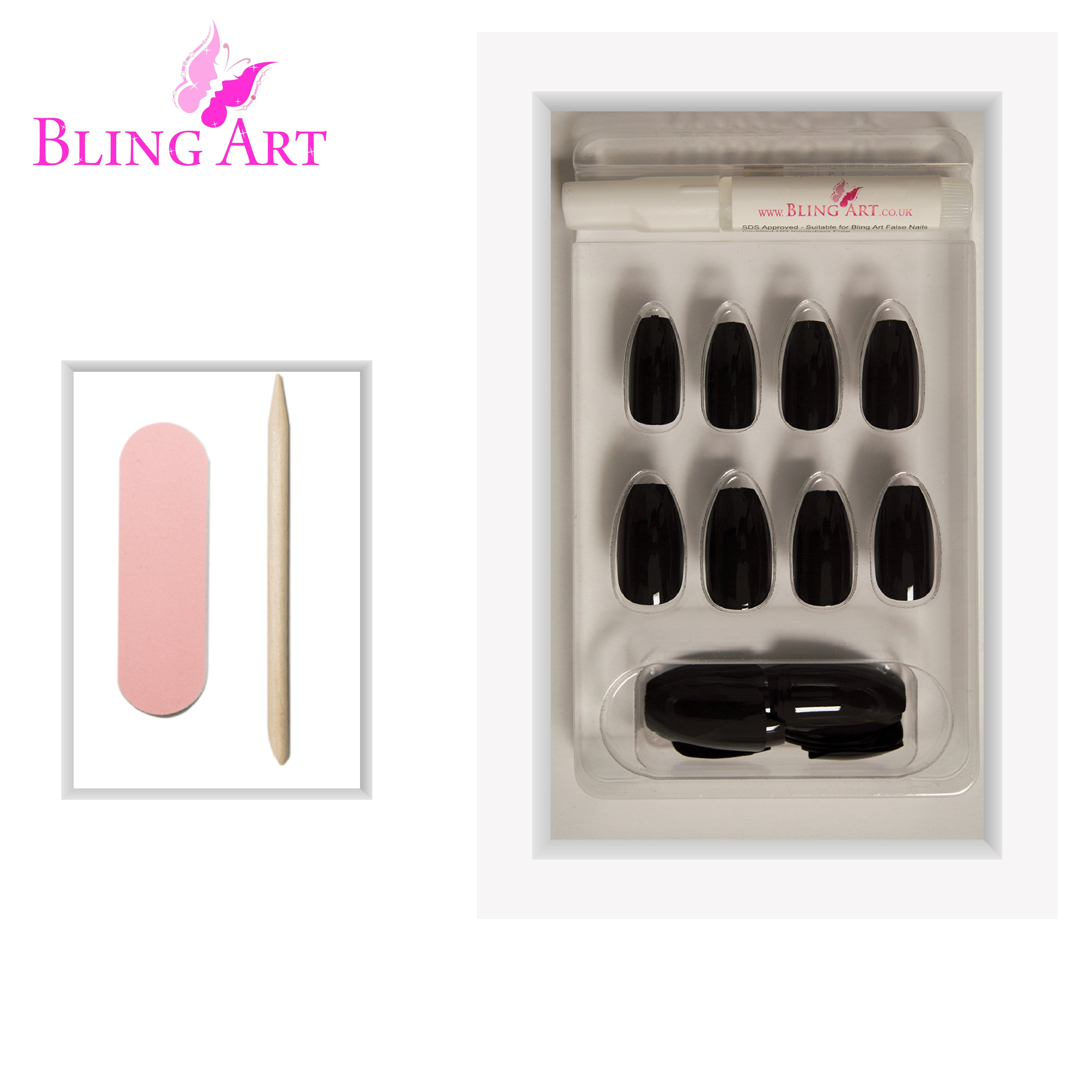 Bling Art Black polished ballerina coffin press-on nail set packaging — 24 nails, 12 sizes XS-XXL, file and cuticle stick included. Glue not included.