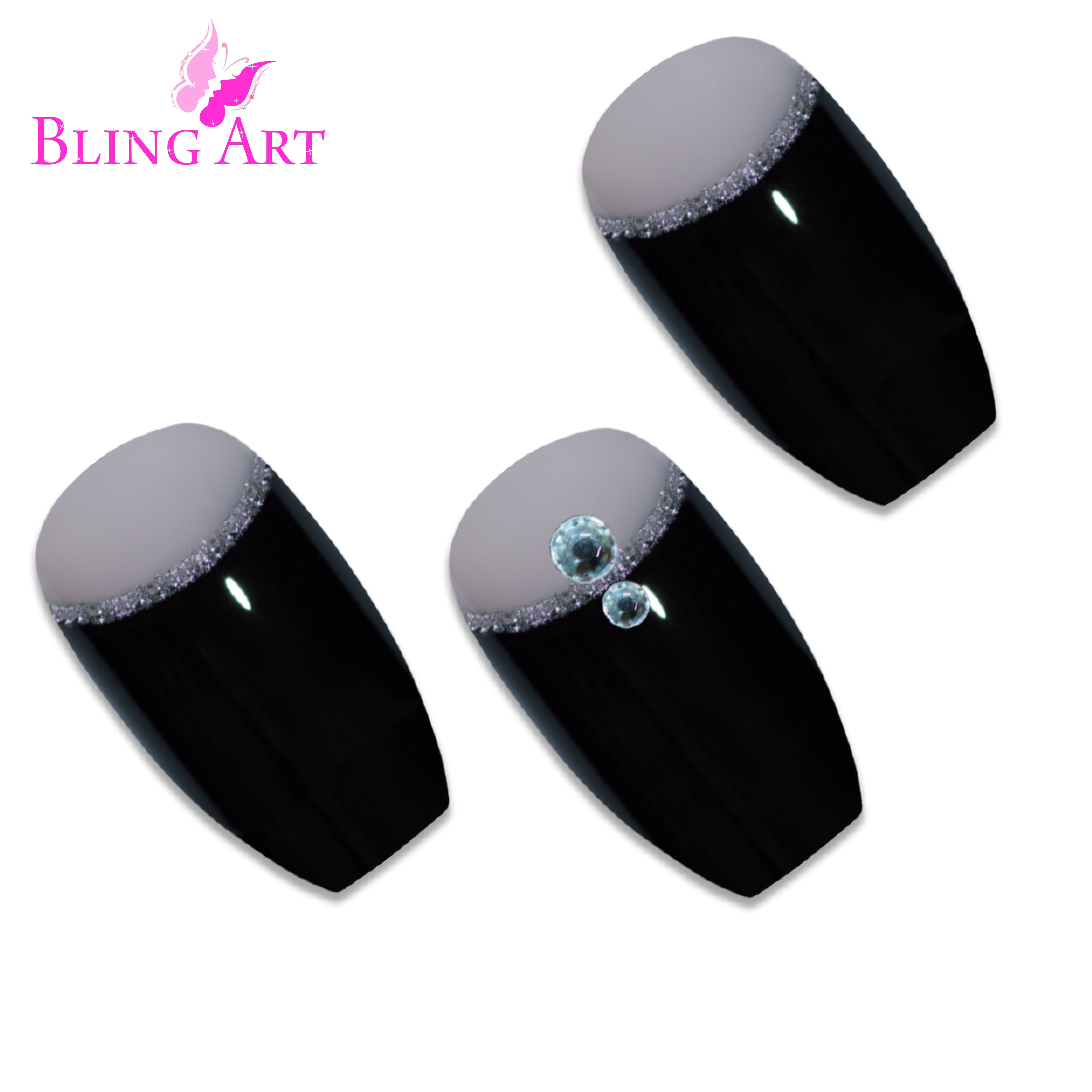 Bling Art Black Crystal polished ballerina coffin press-on nail set packaging — 24 nails, 12 sizes XS-XXL, file and cuticle stick included. Glue not included.