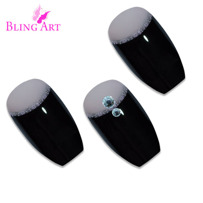 Deep jet black crystal-polish ballerina coffin long press-on false nails by Bling Art — bold long-length statement for parties, editorial events, and trend-led looks · high-shine crystal-polished finish · long ballerina coffin tips · 24 nails per set with adhesive · designed in Yorkshire