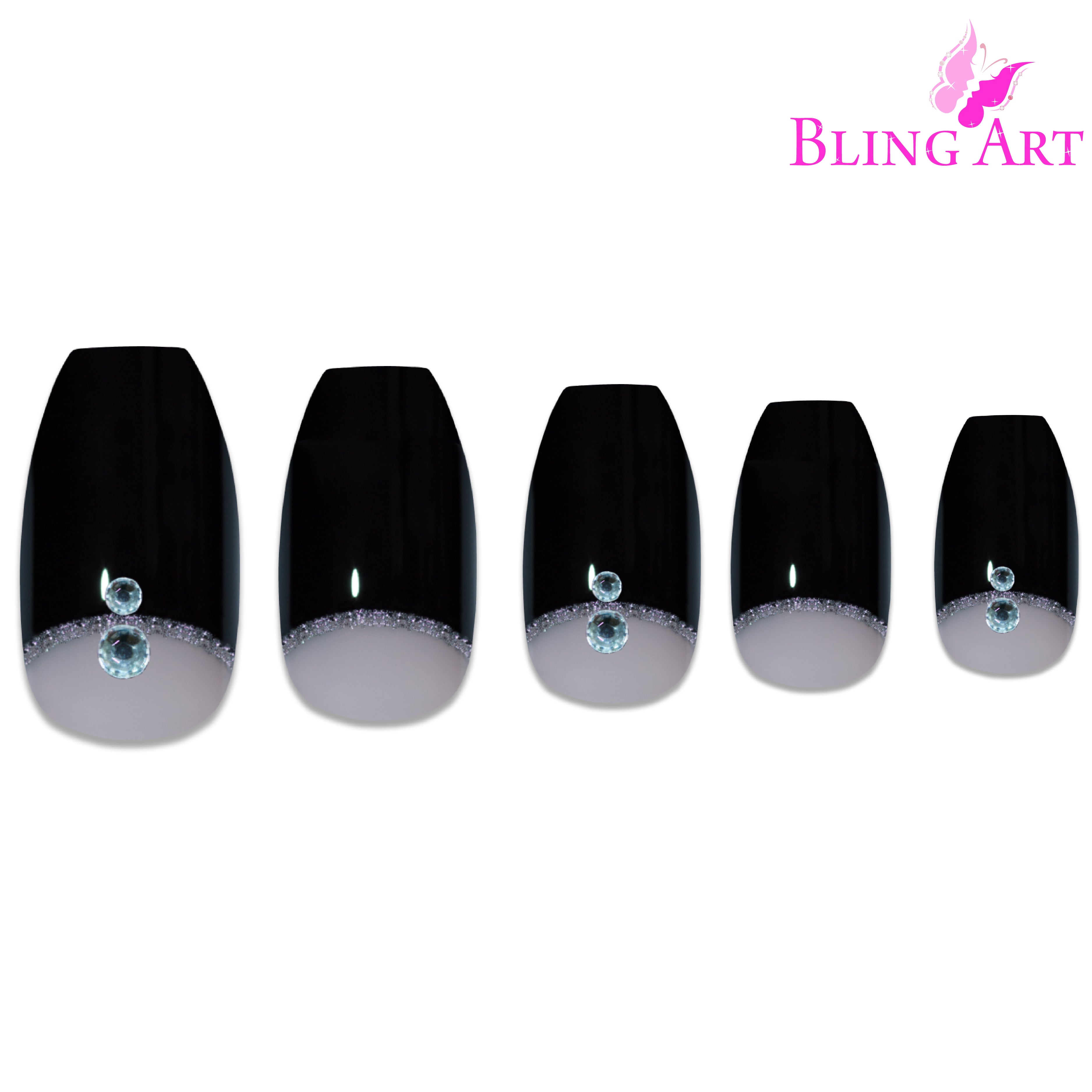Black Crystal polished ballerina coffin Bling Art press-on nails — worn-hand close-up showing the deep jet-black crystal-polish on long ballerina coffin tips.