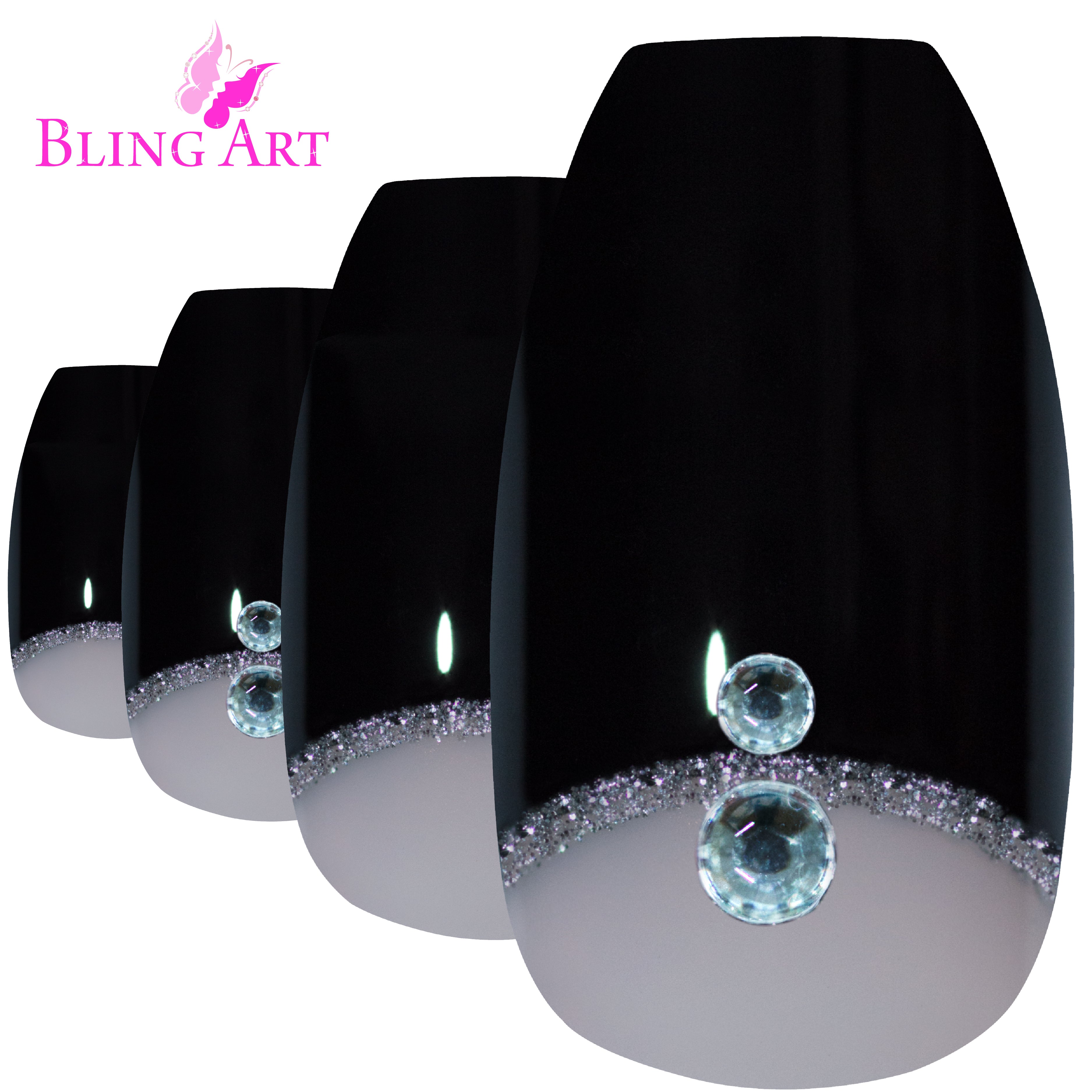 Black Crystal polished ballerina coffin Bling Art press-on nails — lifestyle context shot showing the bold jet-black crystal-polish finish.