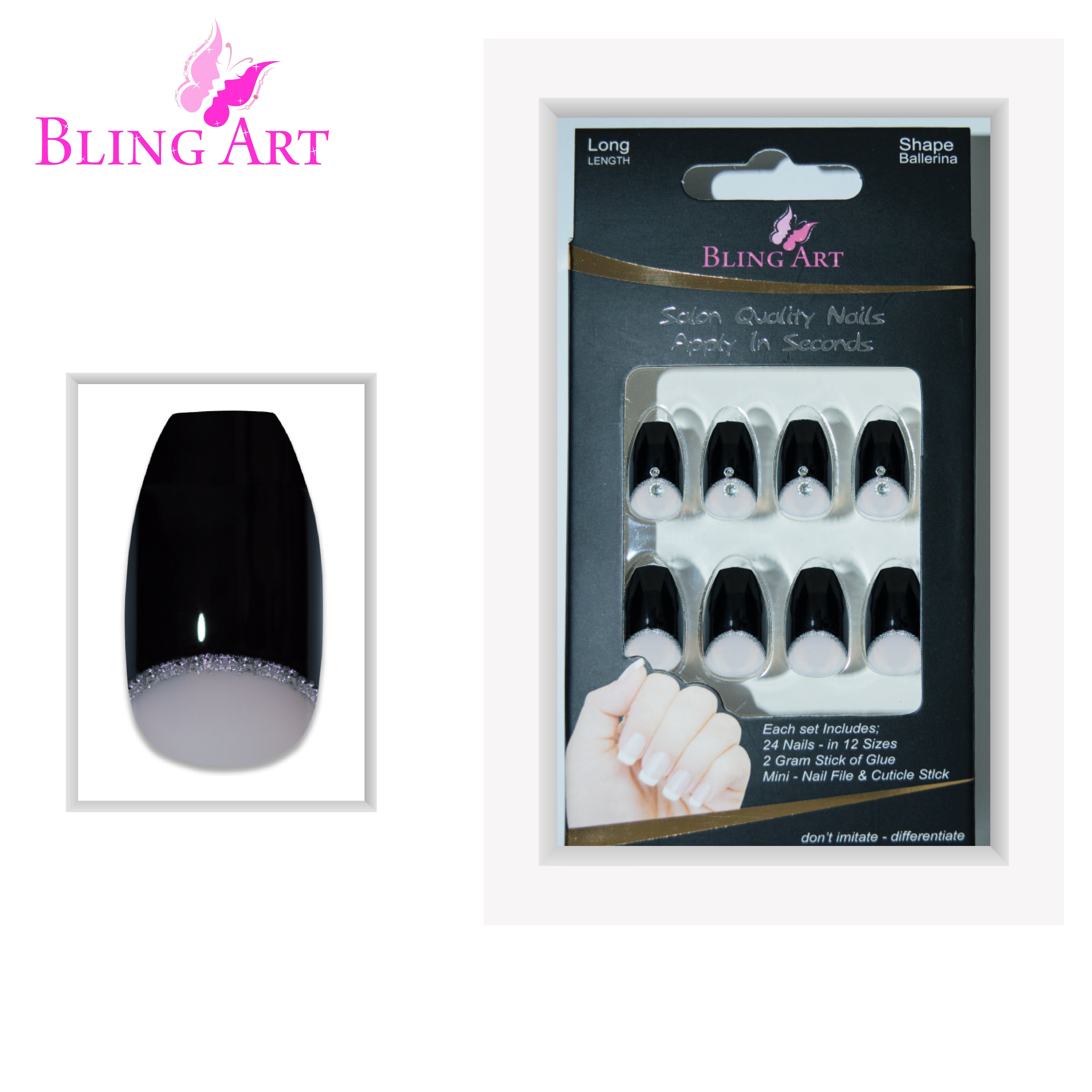 Black Crystal polished ballerina coffin Bling Art press-on nails — alternative angle revealing the bond line on the long ballerina coffin shape.