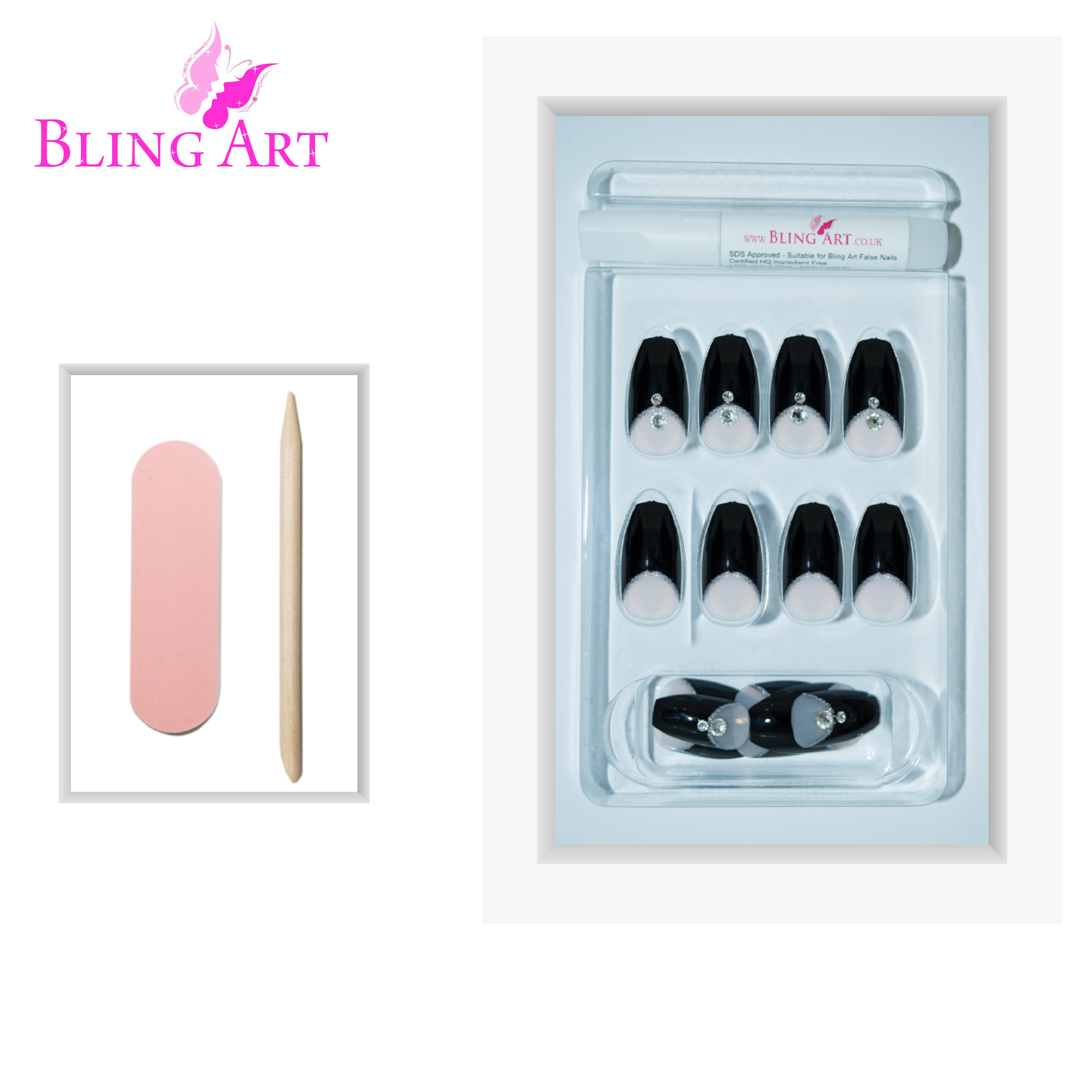 Black Crystal polished ballerina coffin Bling Art press-on nails — full-hand reveal showing all 24 nails for parties and editorial events. Ballerina = Coffin (same shape).