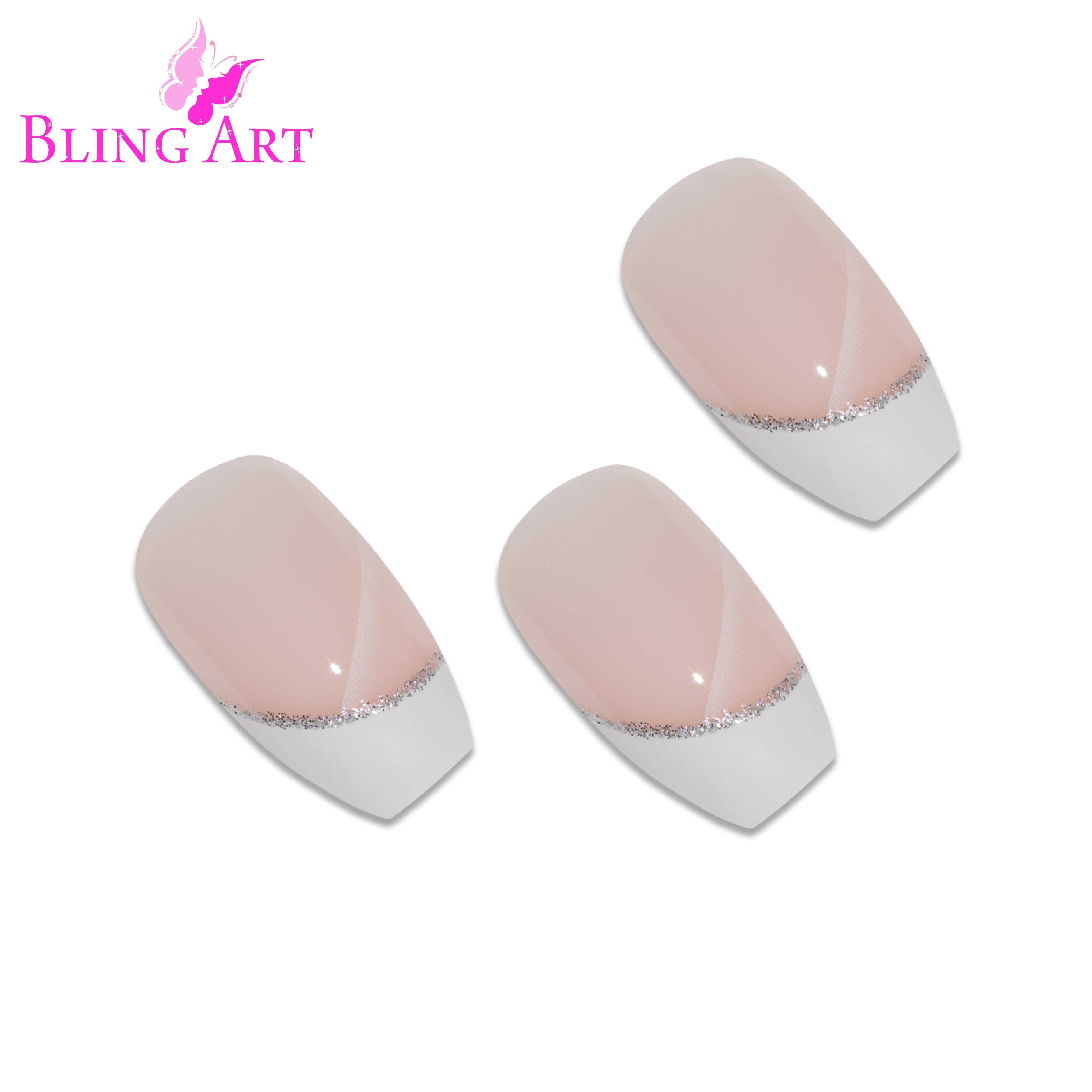 White polished ballerina coffin French Bling Art press-on nails — worn-hand close-up showing the pearl-white French tip on long ballerina coffin tips.