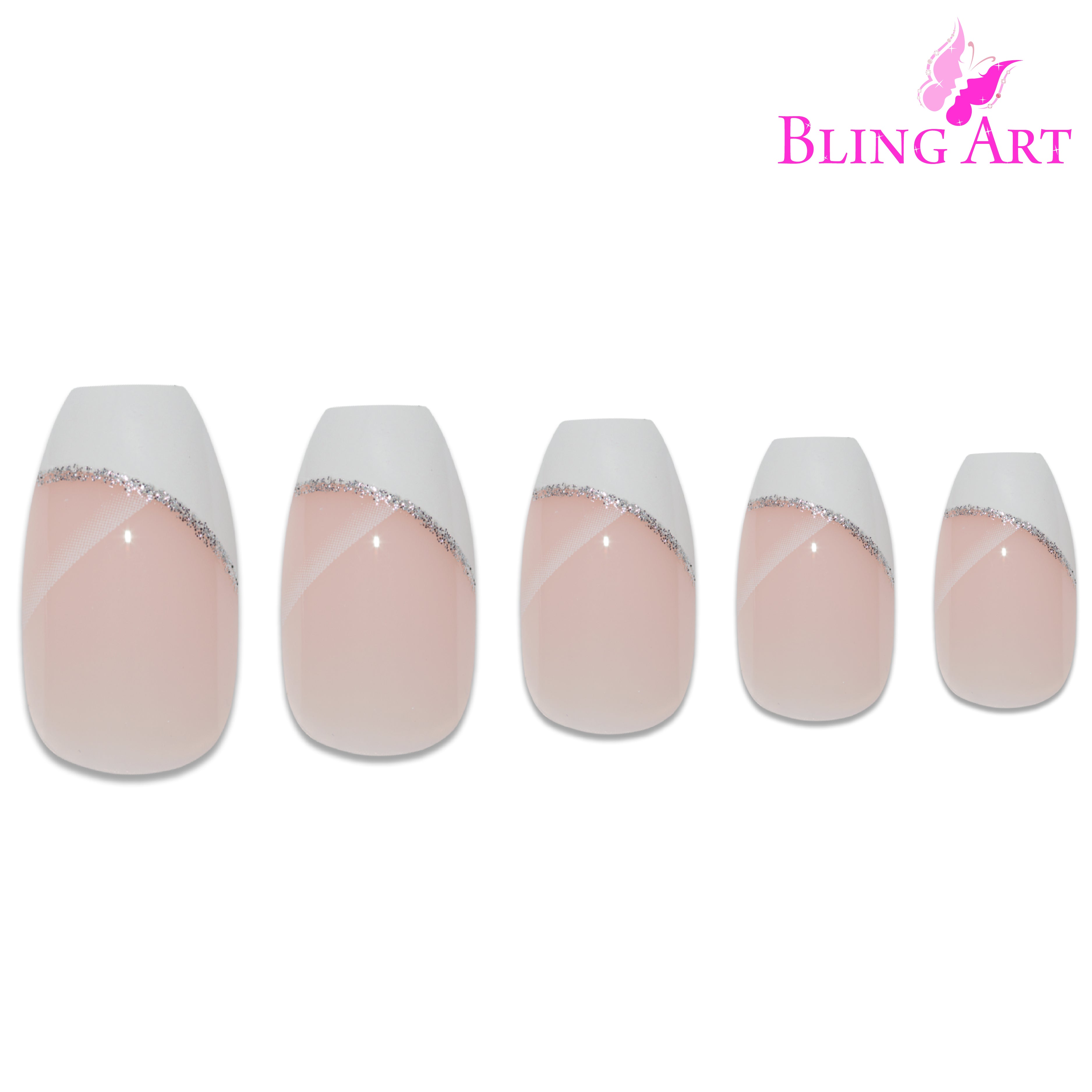 White polished ballerina coffin French Bling Art press-on nails — alternative angle revealing the French tip on the long ballerina coffin shape.