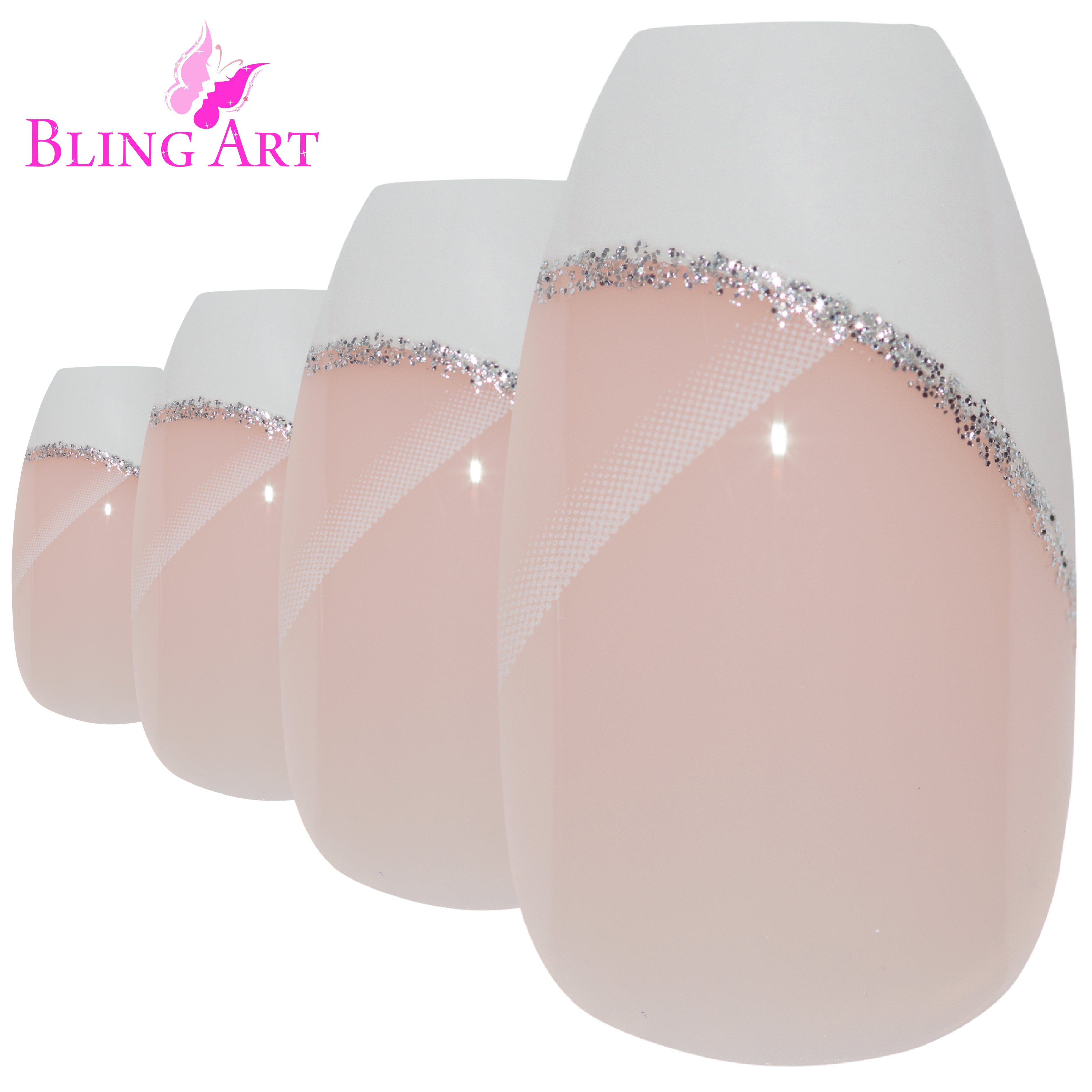 White polished ballerina coffin French Bling Art press-on nails — lifestyle context shot showing the elegant pearl-white French bridal length.