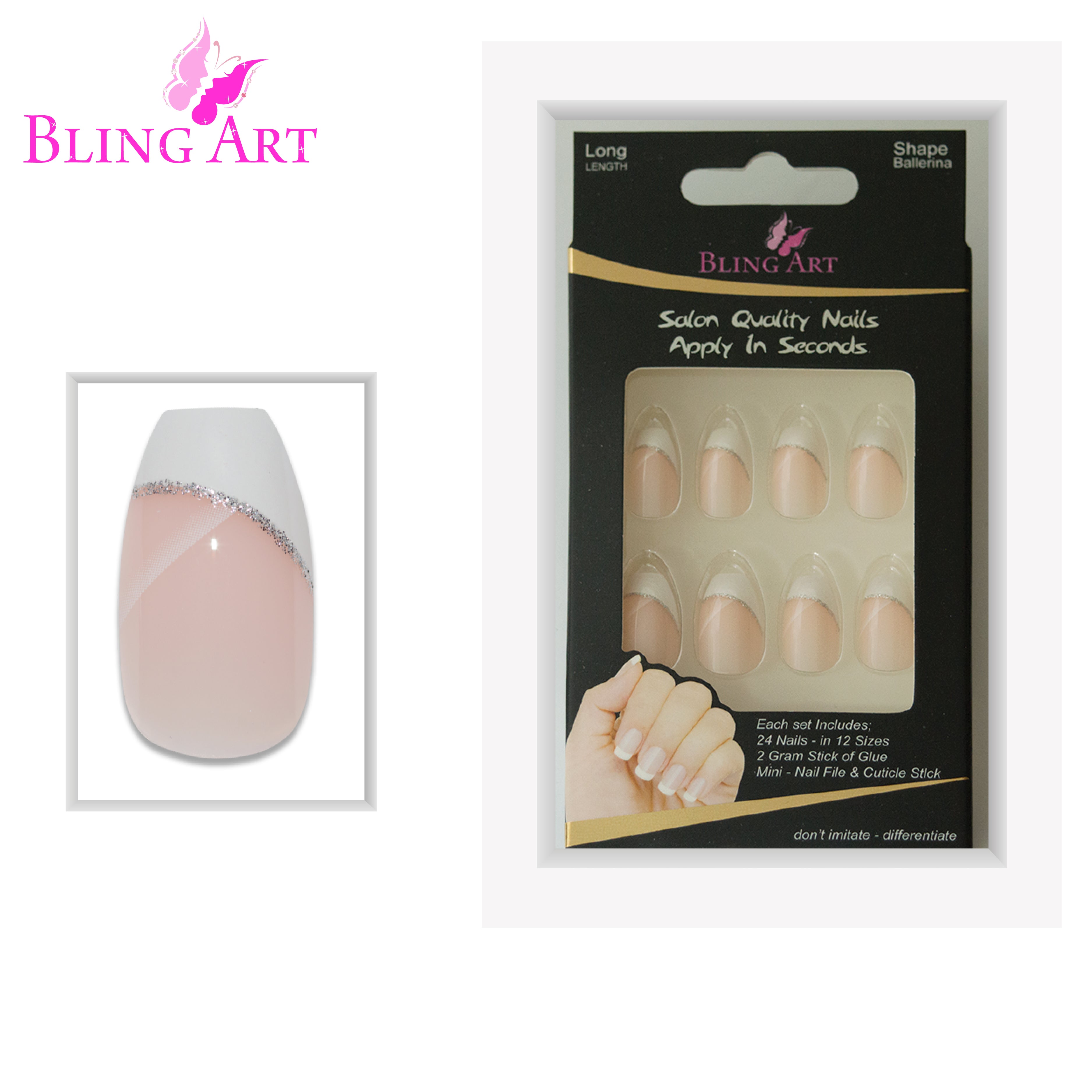 White polished ballerina coffin French Bling Art press-on nails — full-hand reveal showing all 24 nails for weddings and bridal photoshoots.
