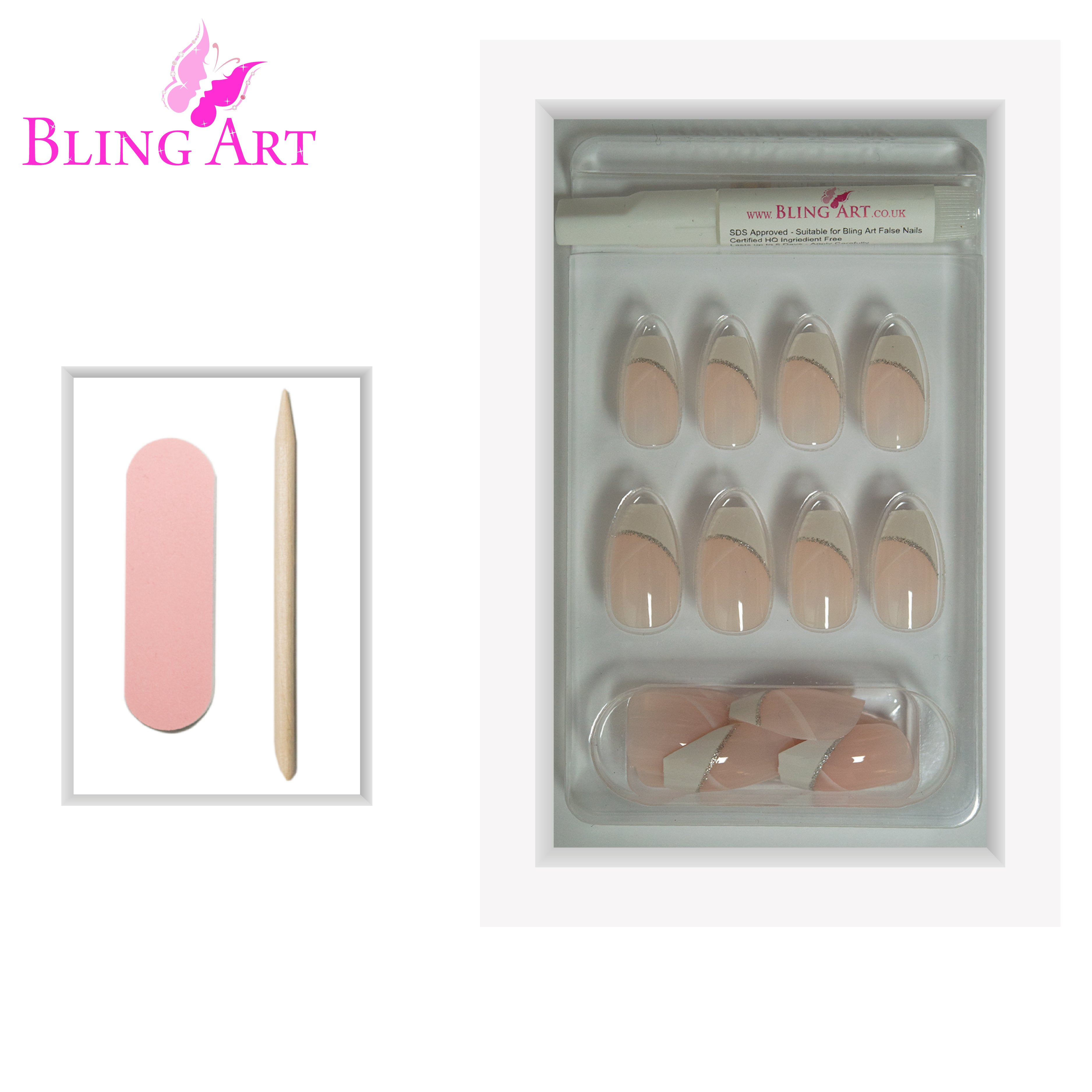 Bling Art White polished ballerina coffin French press-on nail set packaging — 24 nails, 12 sizes XS-XXL, file and cuticle stick included. Glue not included.