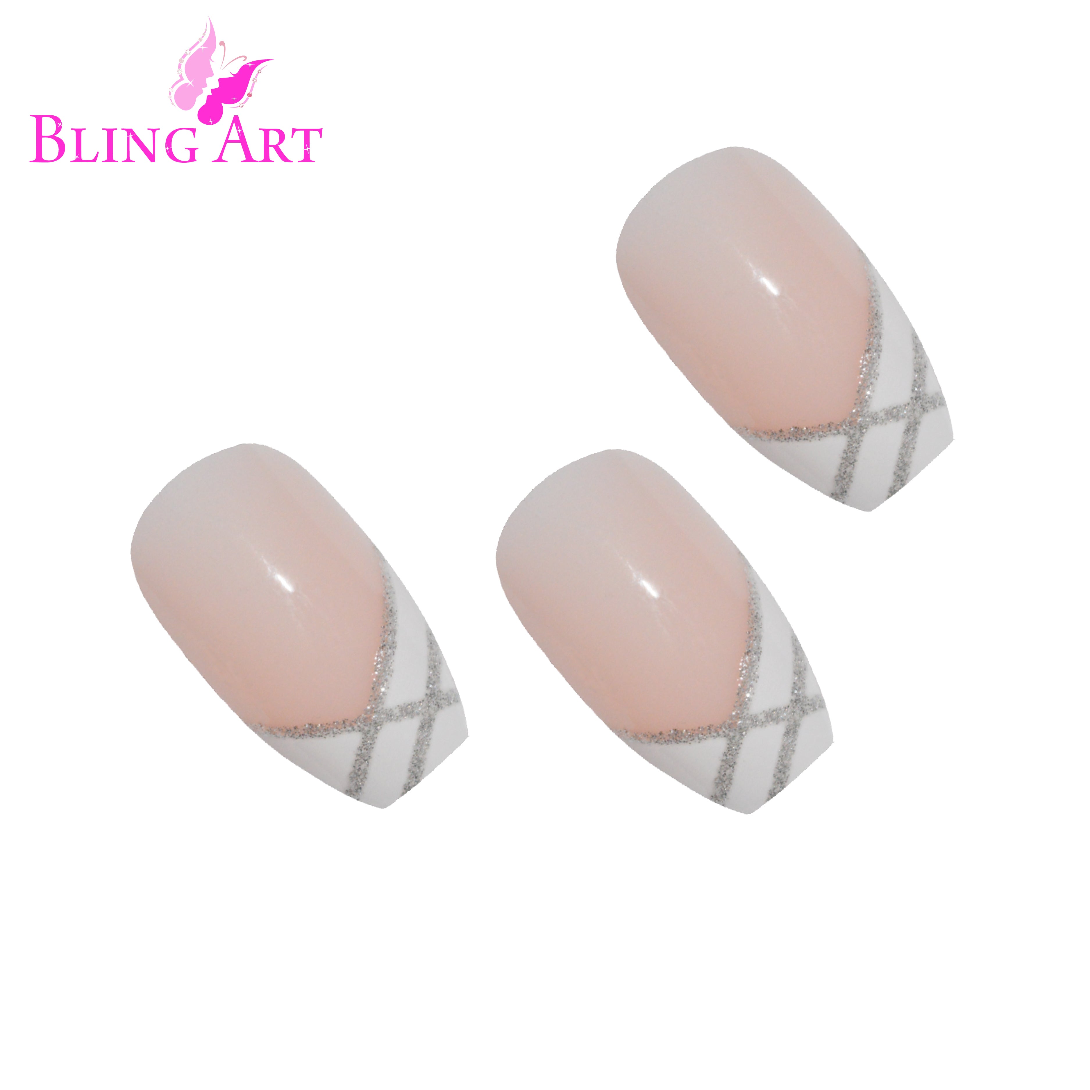 False Nails by Bling Art Silver White Glitter Ballerina Long Fake 24 Acrylic Nail Tips
