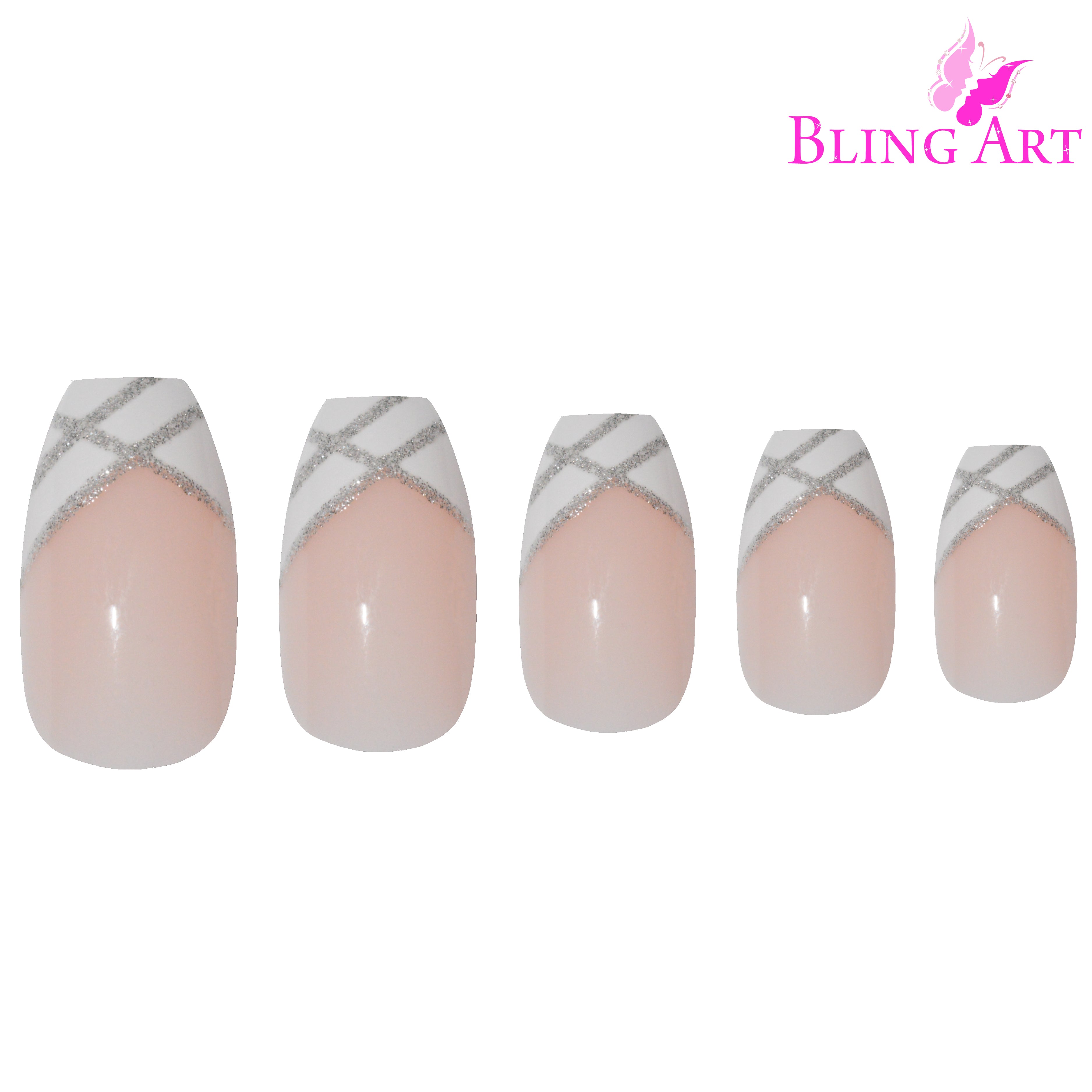 False Nails by Bling Art Silver White Glitter Ballerina Long Fake 24 Acrylic Nail Tips