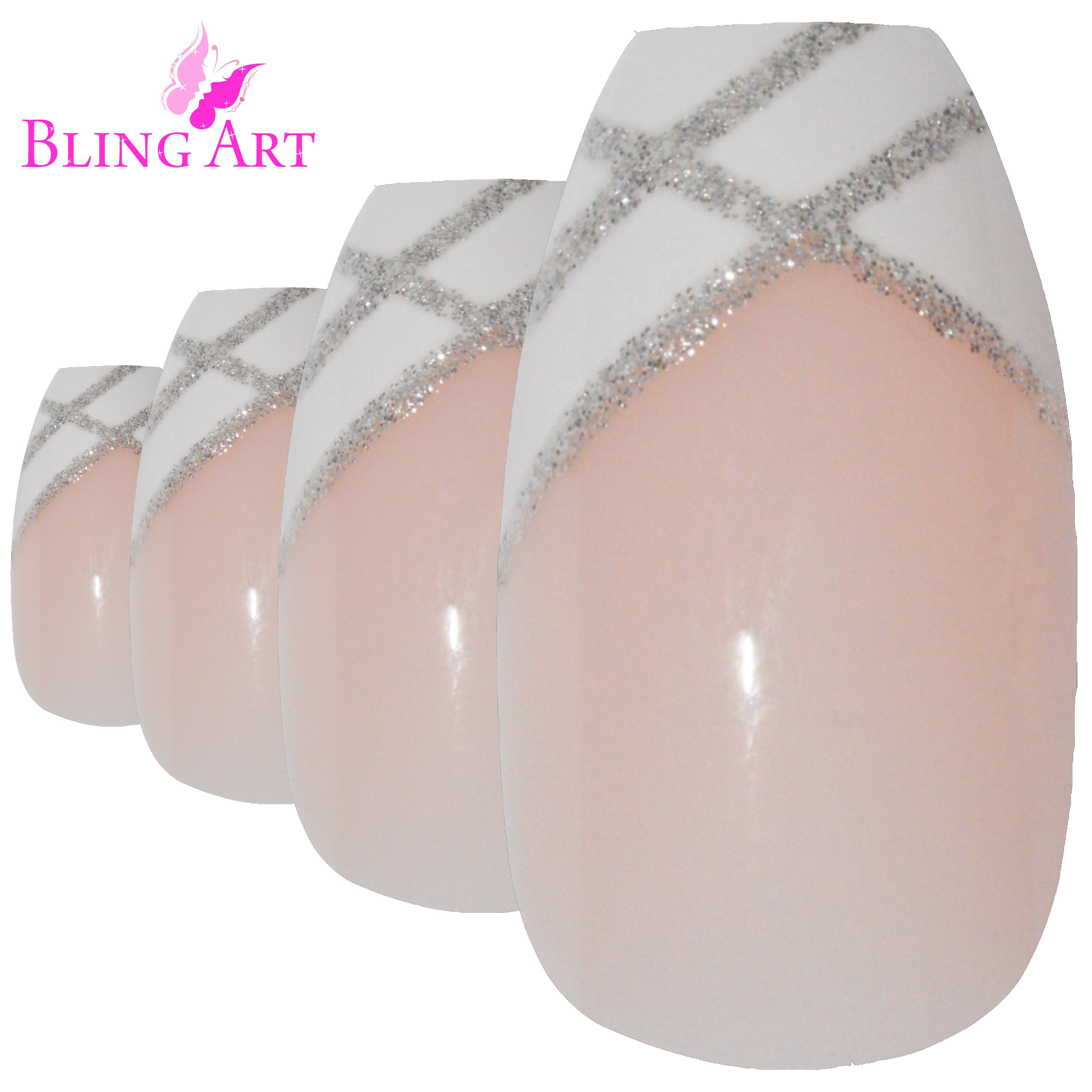 False Nails by Bling Art Silver White Glitter Ballerina Long Fake 24 Acrylic Nail Tips
