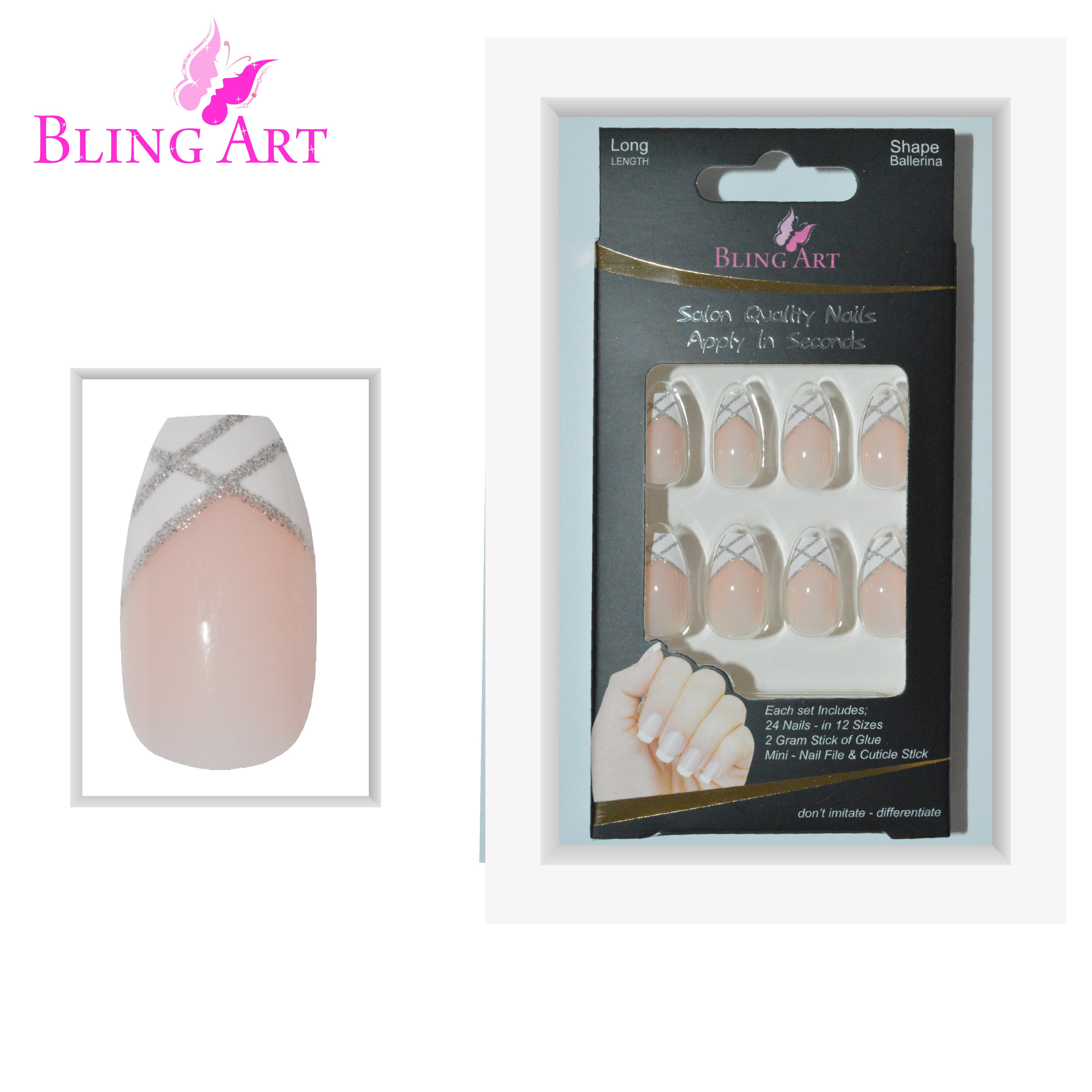 False Nails by Bling Art Silver White Glitter Ballerina Long Fake 24 Acrylic Nail Tips
