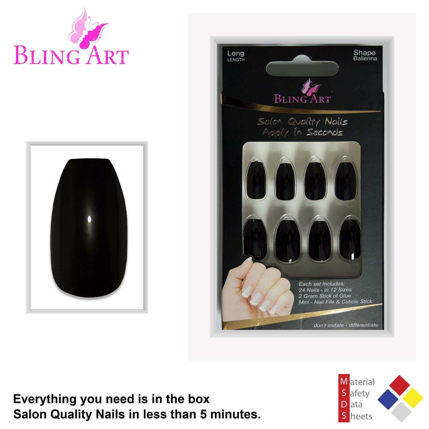 False Nails Bling Art Black Polished Ballerina Coffin Long Acrylic Fake Tips