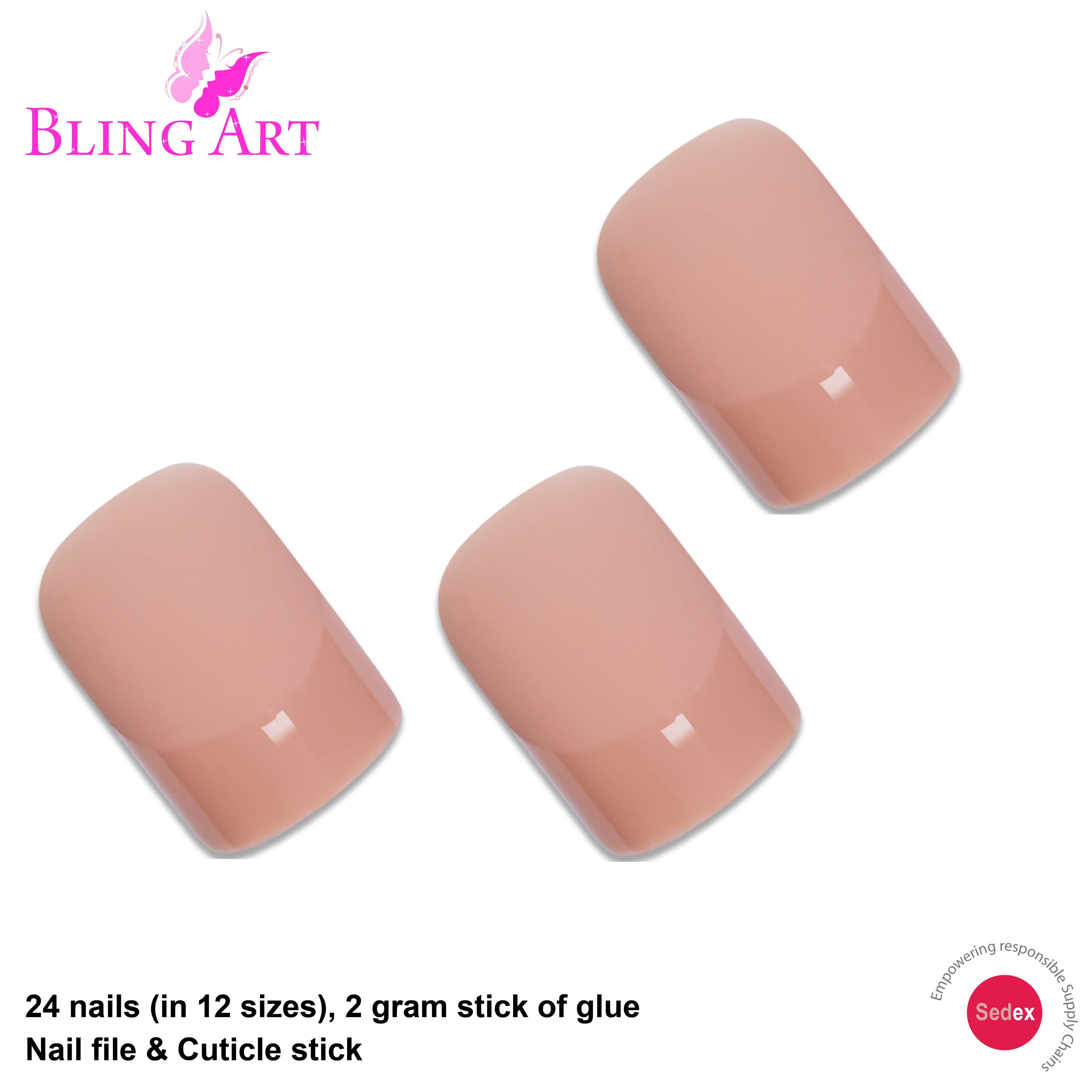 Beige matte French squoval Bling Art press-on nails — full-hand reveal showing all 24 nails for office and everyday wear.