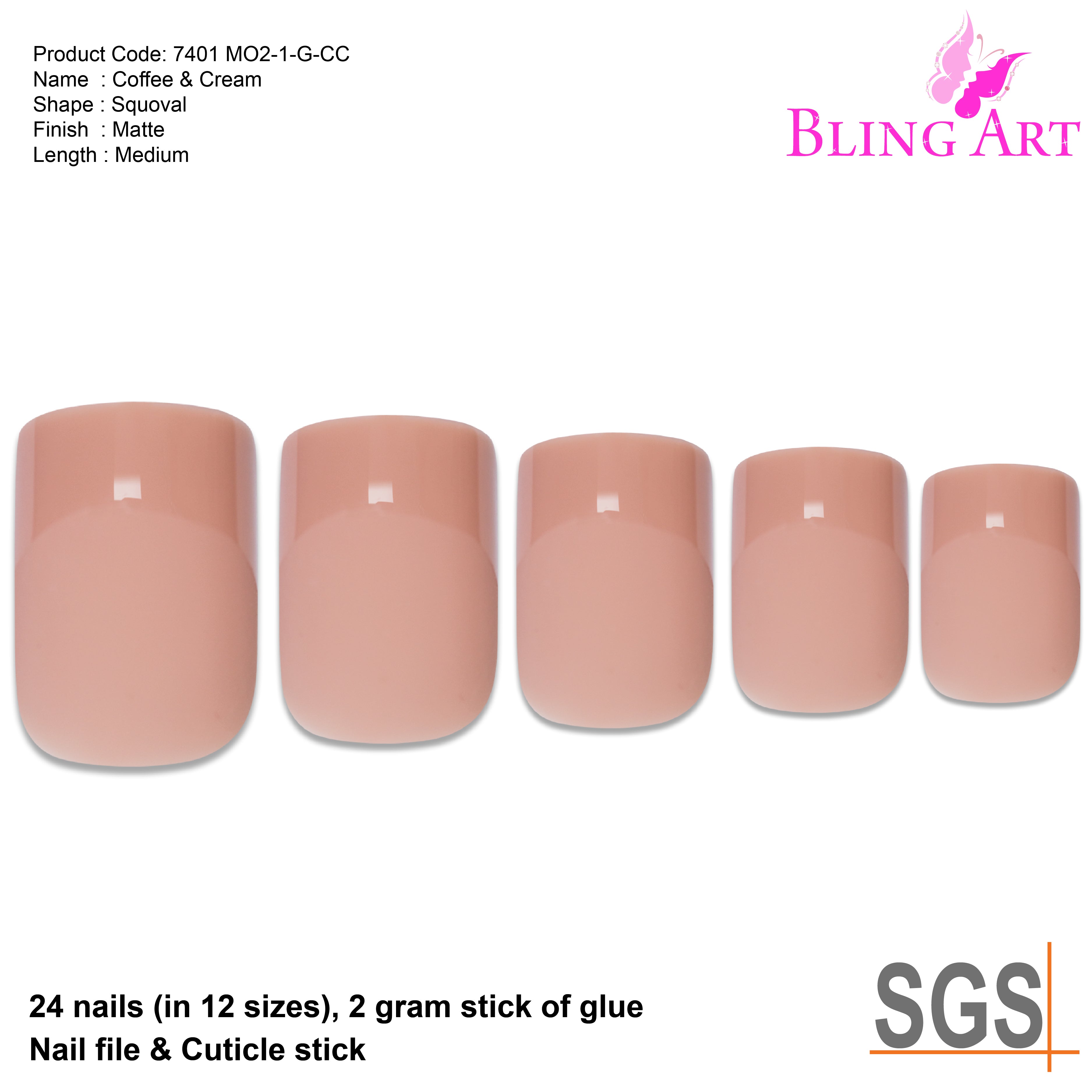 Beige matte French squoval Bling Art press-on nails — lifestyle context shot showing the understated nude beige matte.