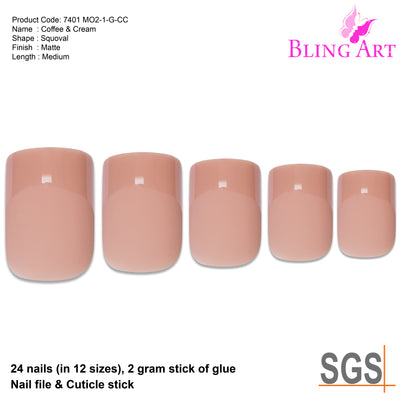 Beige matte French squoval press-on false nails by Bling Art — nude beige matte French squoval for office wear, professional environments and everyday elegance. 24 nails, 12 sizes XS-XXL, no UV lamp. Designed in Yorkshire UK.