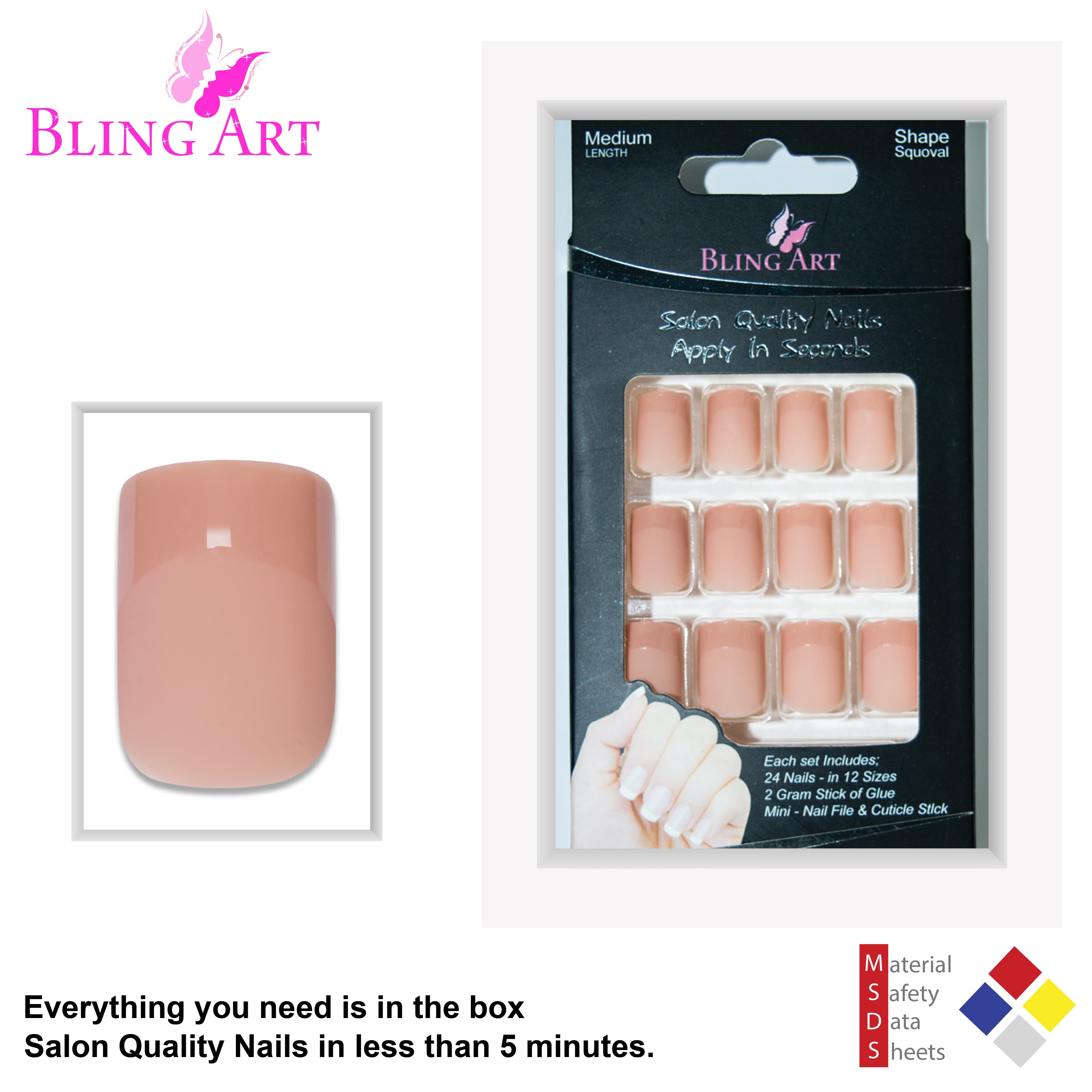 Beige matte French squoval Bling Art press-on nails — worn-hand close-up showing the nude beige French tip on squoval tips.