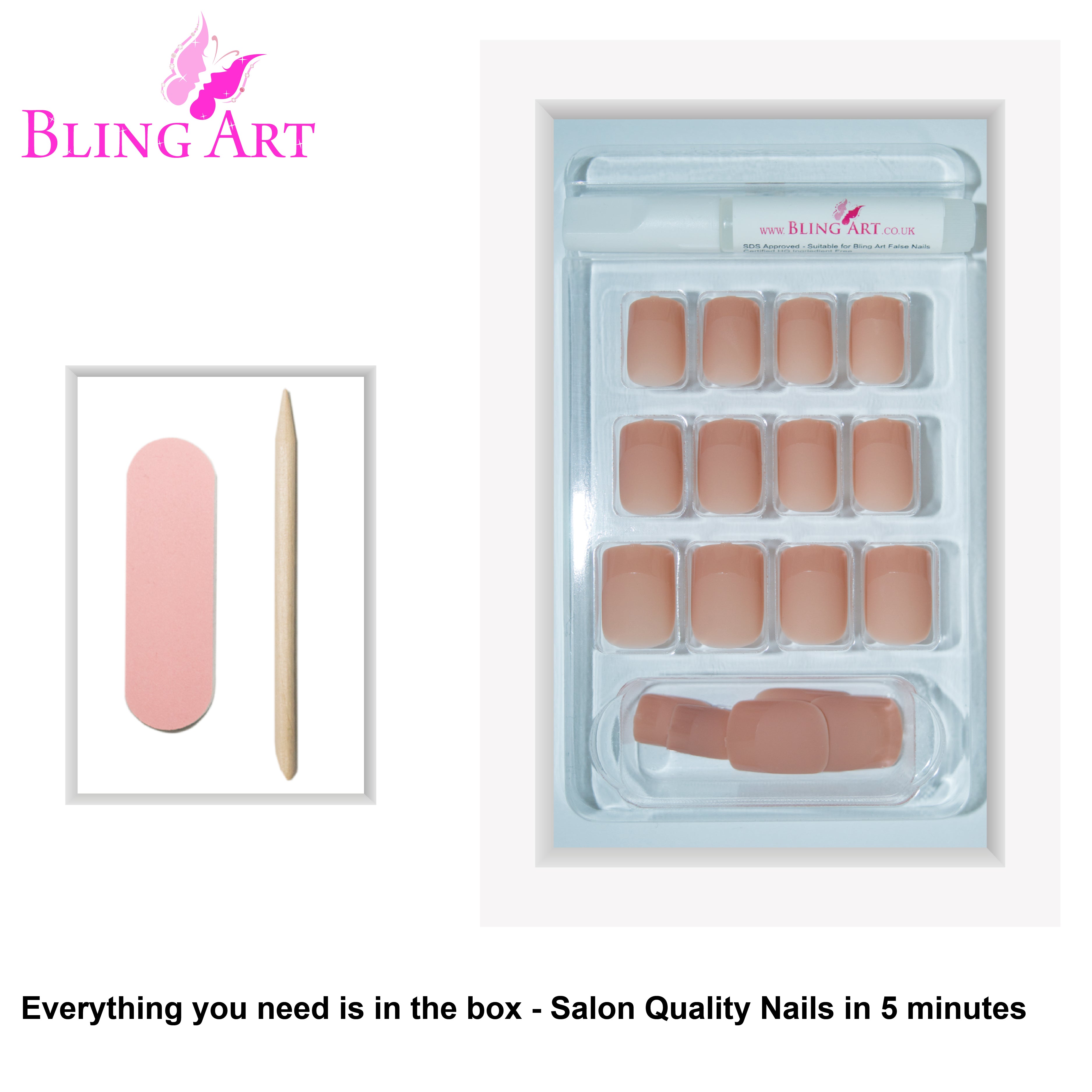 Beige matte French squoval Bling Art press-on nails — alternative angle revealing the French tip on the squoval shape.