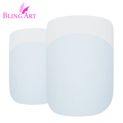 Matte white squoval medium press-on false nails by Bling Art, a flat chalk-white matte finish with a white French tip on squoval tips. 24 nails, 12 sizes (0-9), no UV lamp. Designed in Yorkshire UK.