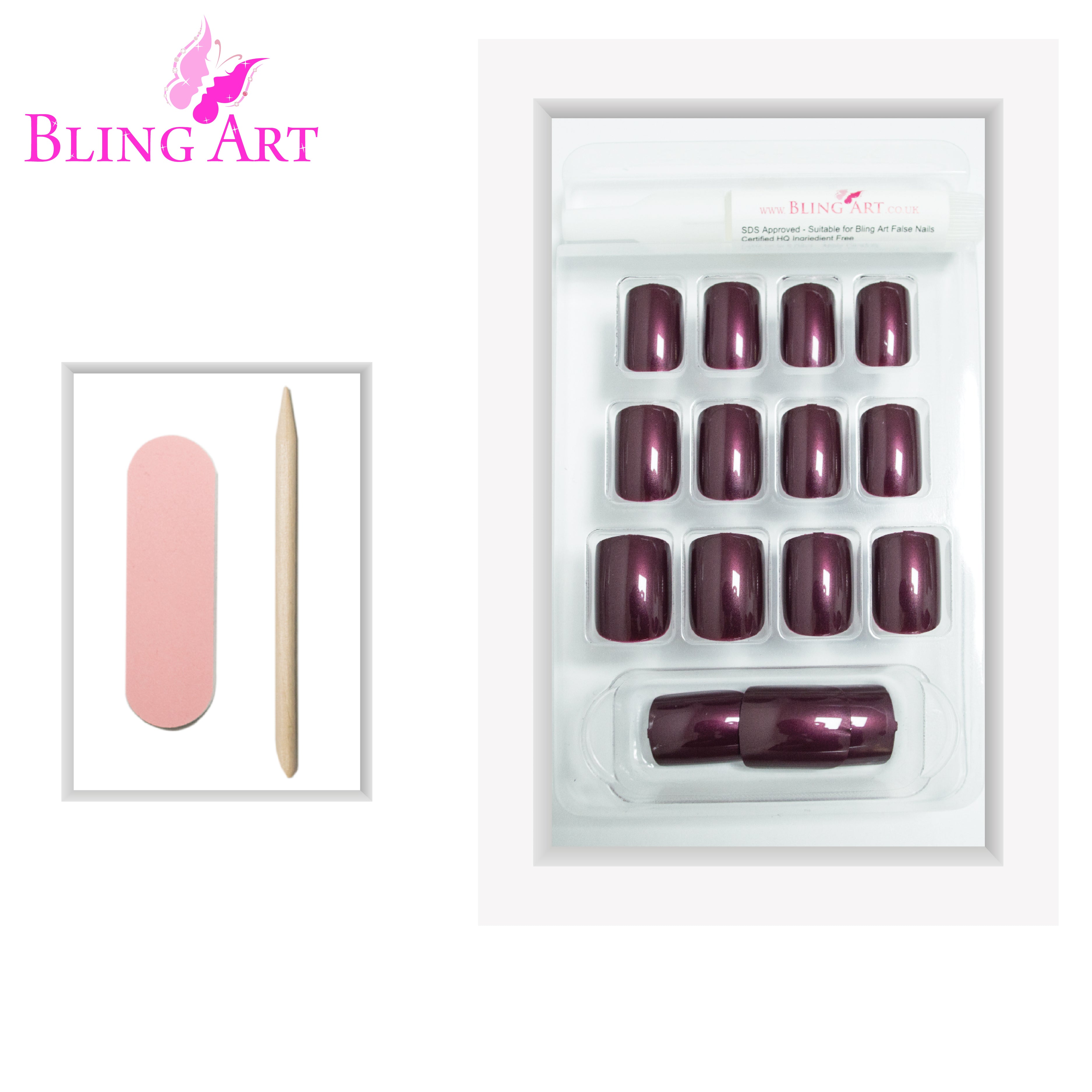 Bling Art Brown glitter French squoval press-on nail set packaging — 24 nails, 12 sizes XS-XXL, file and cuticle stick included. Glue not included.
