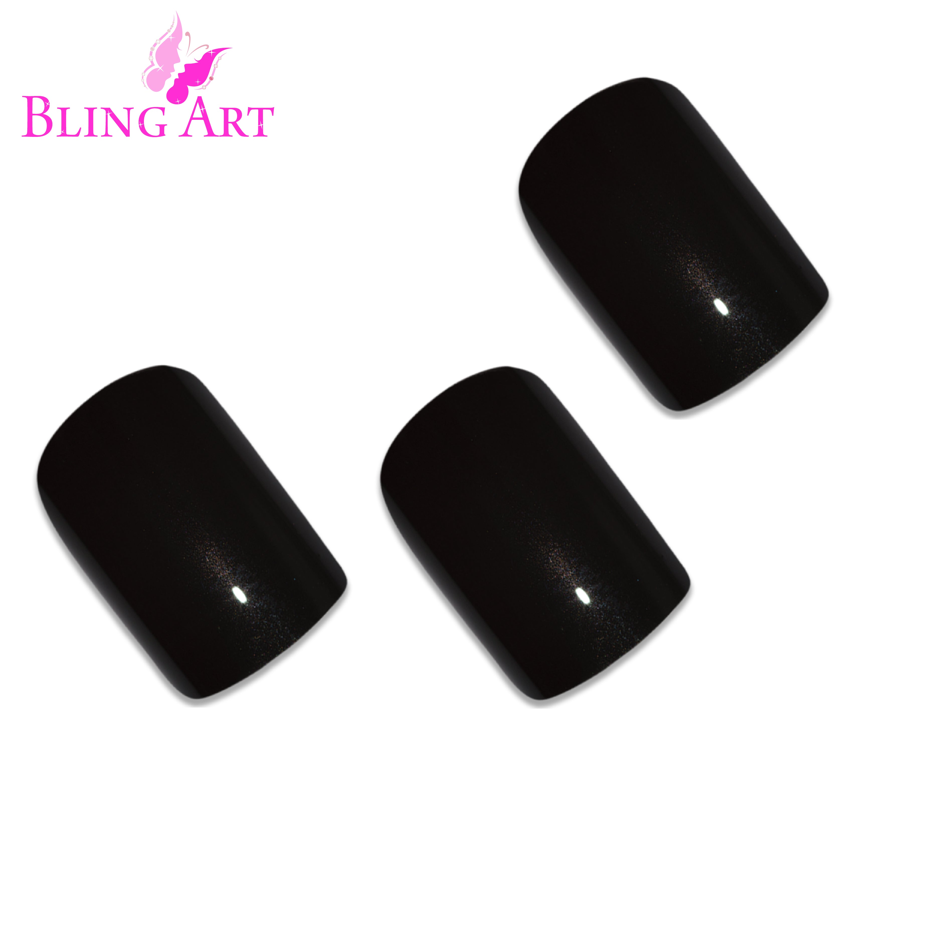 Black glitter French squoval Bling Art press-on nails — alternative angle revealing the glitter and French tip on the squoval shape.
