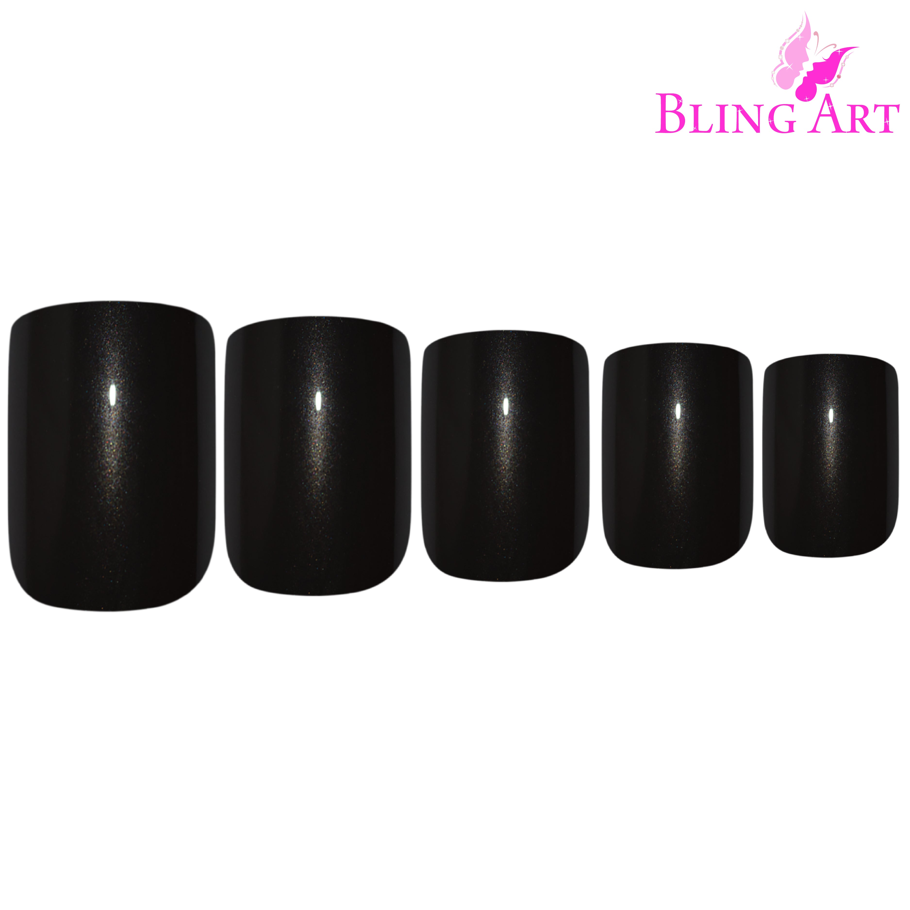 Black glitter French squoval Bling Art press-on nails — full-hand reveal showing all 24 nails for parties, NYE and statement events.