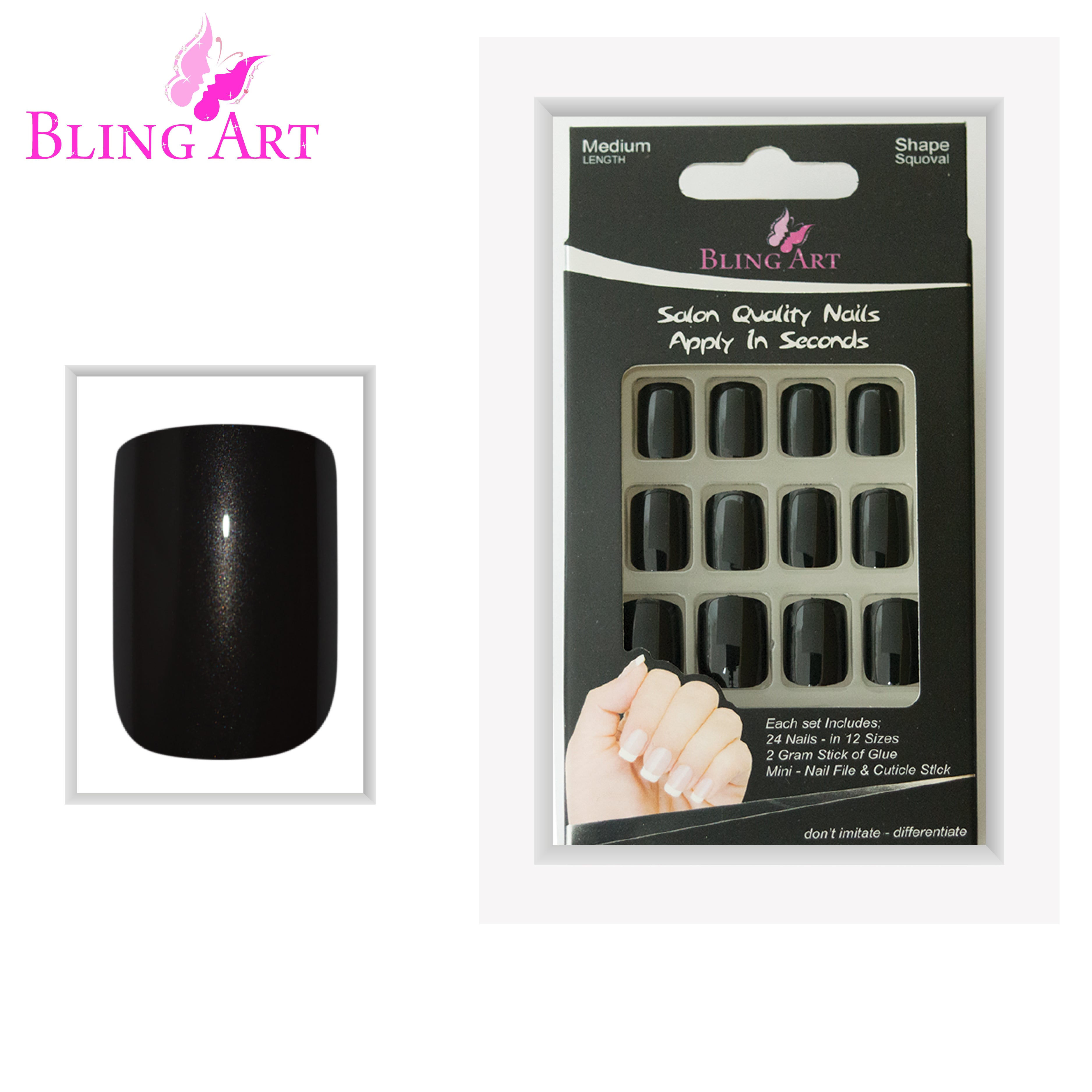 Bling Art Black glitter French squoval press-on nail set packaging — 24 nails, 12 sizes XS-XXL, file and cuticle stick included. Glue not included.