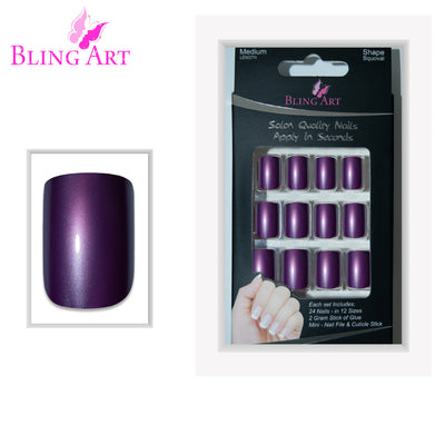 Rich aubergine purple French manicure press-on false nails by Bling Art — jewel-tone twist on the classic French look for evening wear and special occasions · smooth acrylic finish with purple French tip · medium-length tips · 24 nails per set with adhesive · designed in Yorkshire