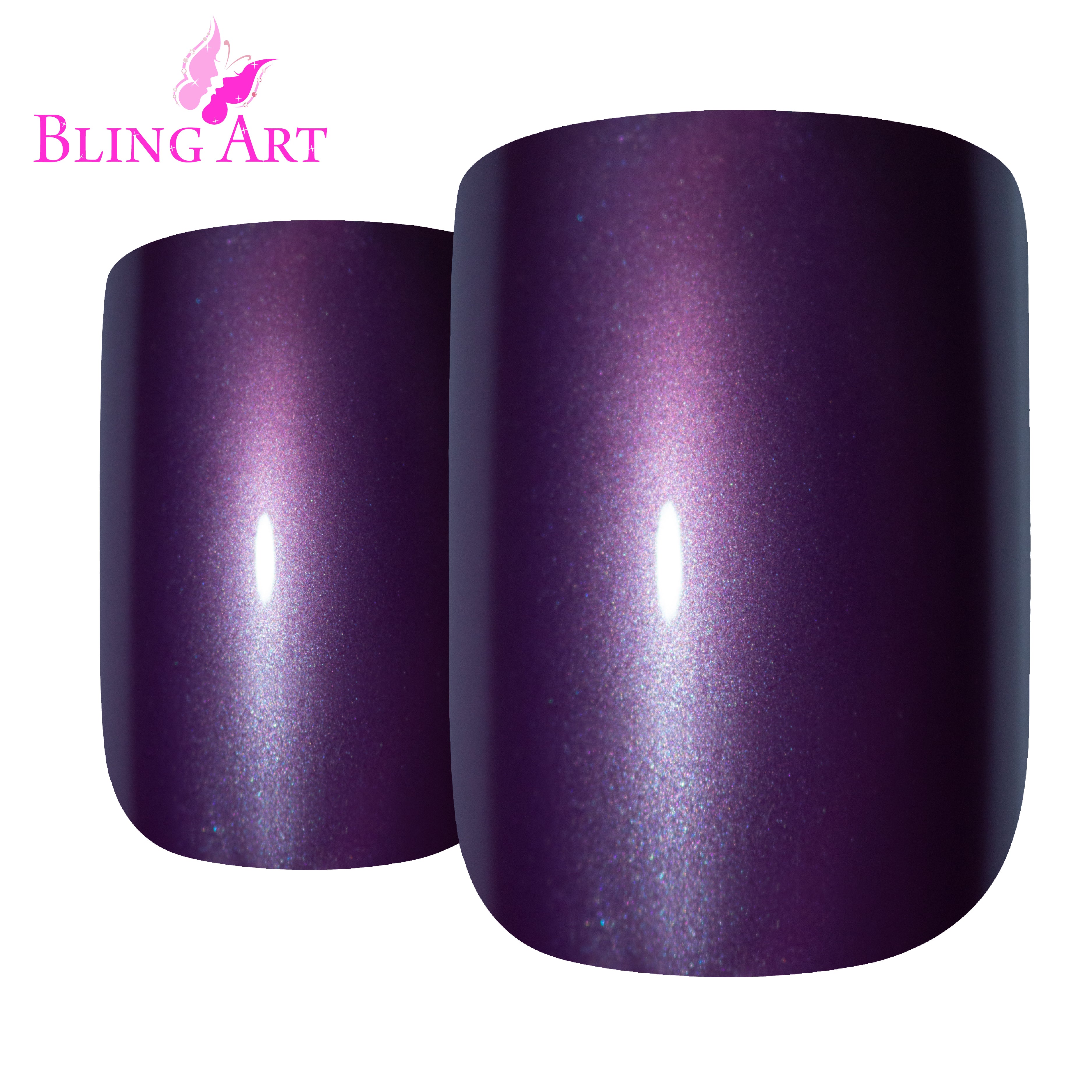 Purple acrylic French manicure Bling Art press-on nails — worn-hand close-up showing the aubergine French tip on medium-length tips.