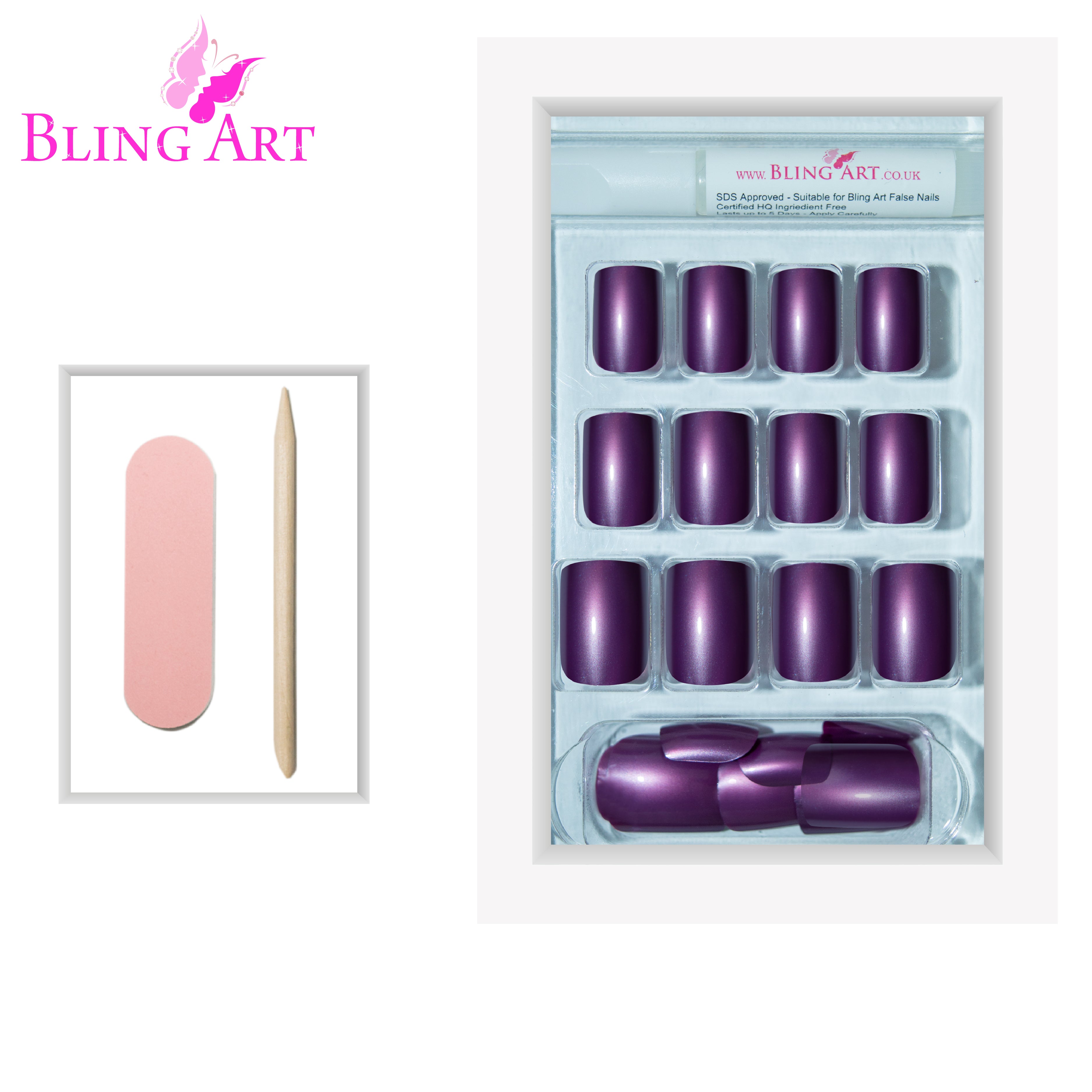Purple acrylic French manicure Bling Art press-on nails — full-hand reveal showing all 24 nails for evening wear and special occasions.